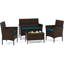 4 Piece Patio Furniture Set, Sectional Conversation Sofa Set with Glass Coffee Table, Cushions & Loveseat, Wicker Outdoor Table and Chairs for Pool, Garden, Deck, Backyard 1, Peacock Blue