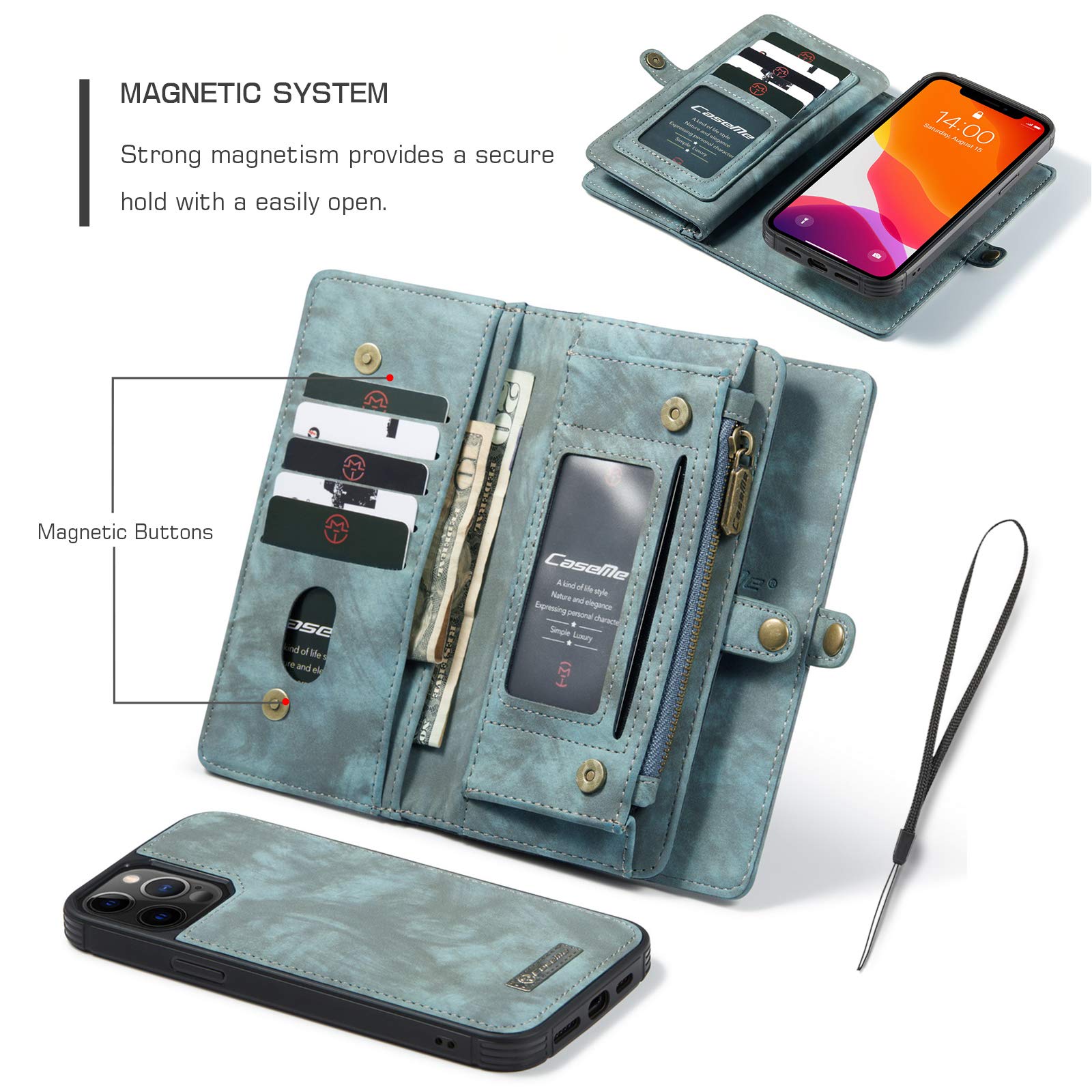 CaseMe per iPhone 12/iPhone 12 PRO Custodia, Retro Pelle Custodia Fatto a Mano Staccabile Flip Portafoglio Cerniera Custodia con Slot per schede e Magnetica Back Cover per iPhone 12/12 PRO (Marrone