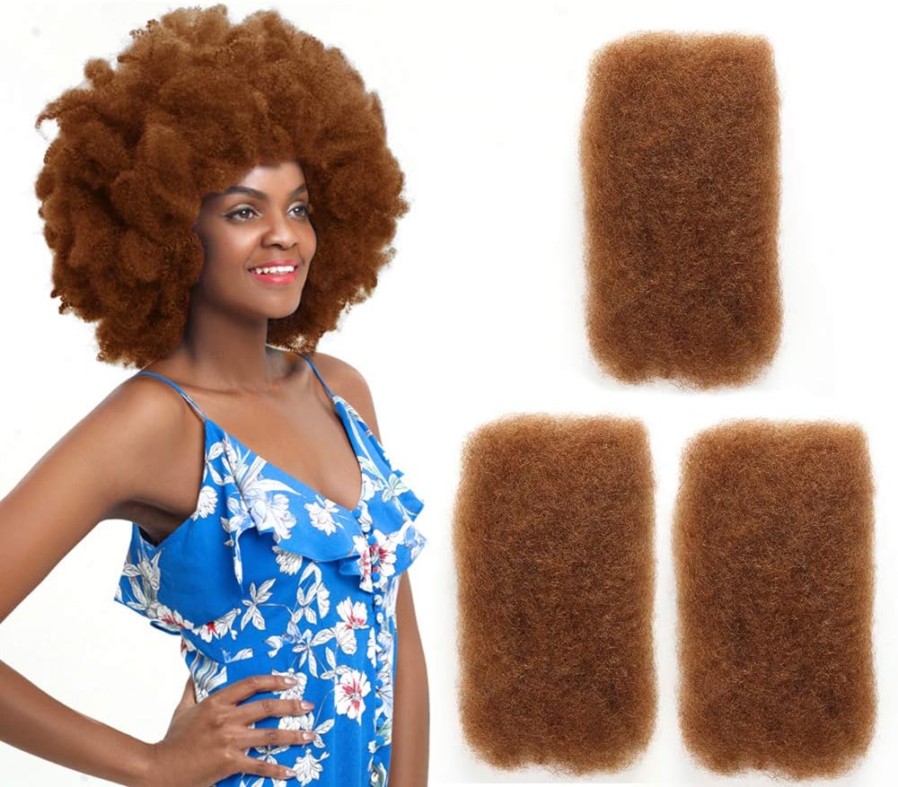 FASHION IDOL Afro Kinkys Bulk Human Hair for Dreadlock Extensions 14 Inches 3 Packs 150 Gram Light Auburn Loc Repair Afro Kinky Braiding Human Hair for Locs 5.3 Oz