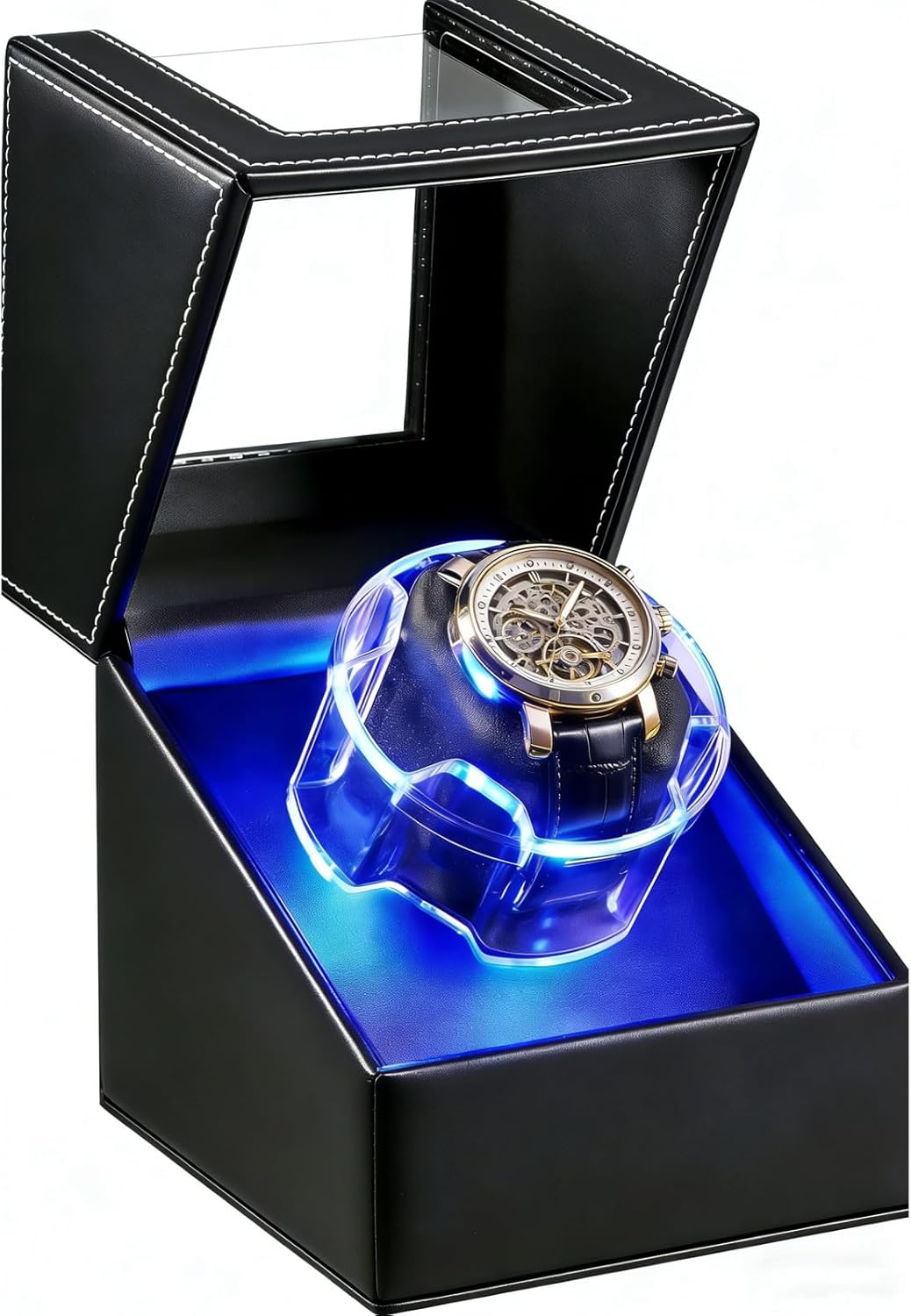 Watch Winder For Automatic Watches Single Watch Winder for Rolex With Led Light 2 Modes Watch Spinner Japanese Ultra-Quiet Motor Rotating Watch Case Pu Leather Watch Rotator Gifts For Men