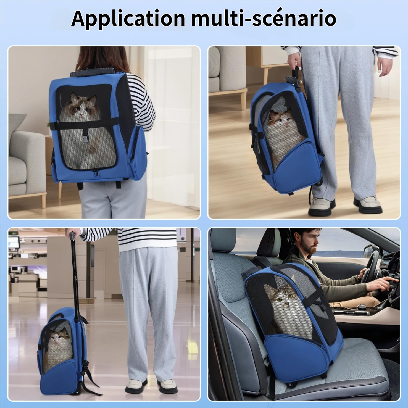 Sac à Dos à roulettes pour Chiens/Chats Supporte 15 kg, Sac à Dos de Transport pour Chien/Chat avec poignée télescopique, Trolley pour Petit et Moyen Chats et Chiens (Bleu Royal)