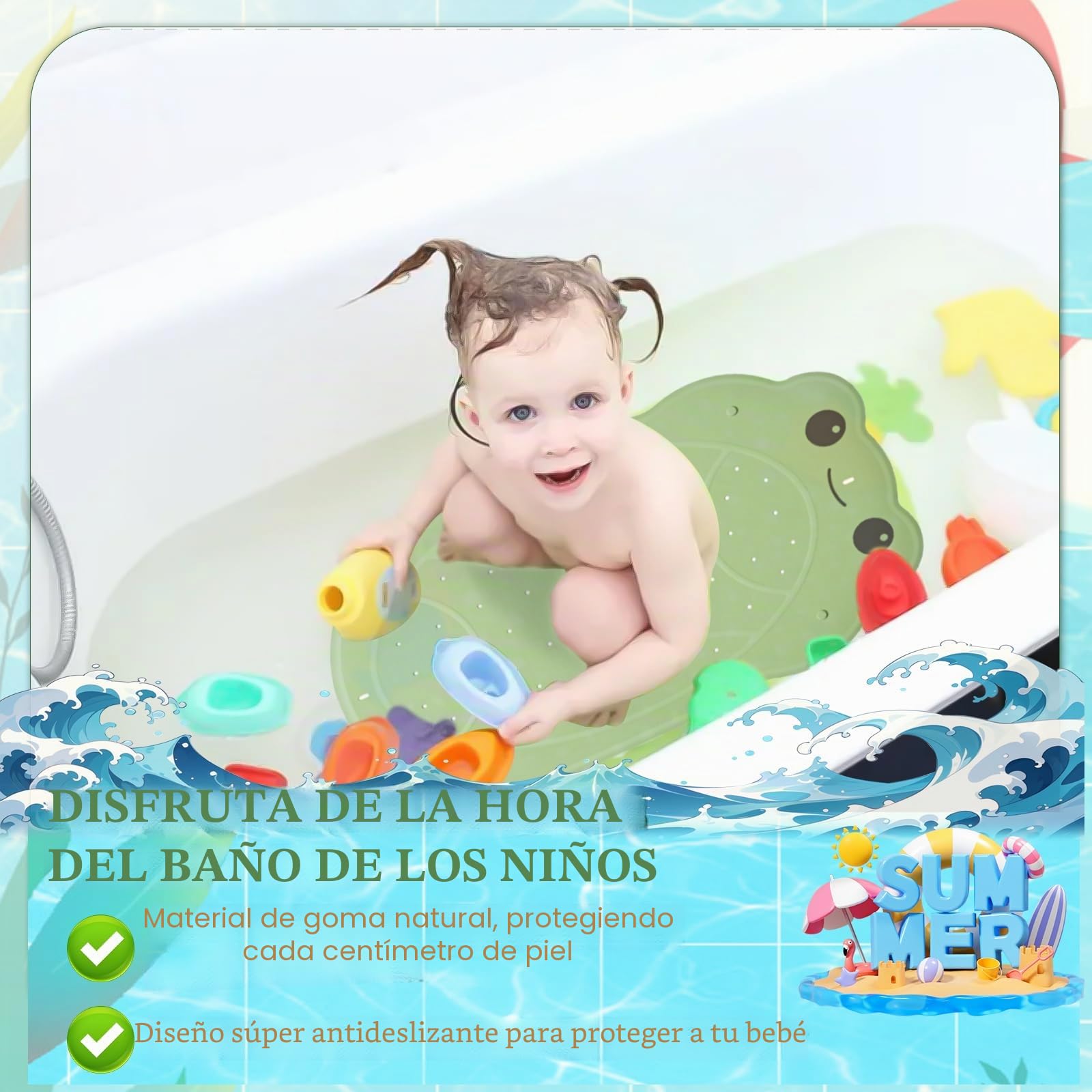 a Alfombra de Bañera Niños Antideslizante Divertida Forma de Rana, Sin BPA, 76x45 cm, Incl. 2 Ganchos para Colgar, Alfombrilla de Baño Antideslizante para Bañera y Ducha para Bebés