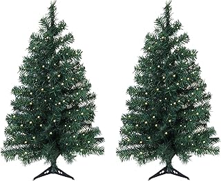 3ft Artificial Pre-lit Christmas Pine Tree with LED Warm Lights,Metal Hinges & Foldable Base,Easy Assembly for Home,Office,Green(2 Pack)