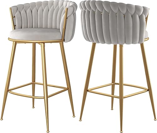 Vista 32 de Taburetes de bar dorados juego de 2, Taburetes ajustables de altura de bar, Sillas de bar giratorias de terciopelo con respaldo tejido, Reposapiés