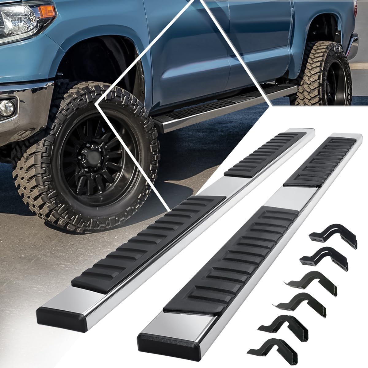 [Pair] 6.75 Inch Chrome Stainless Running Boards Side Steps Bars Compatible with 07-21 Toyota Tundra Double/Extended Cab