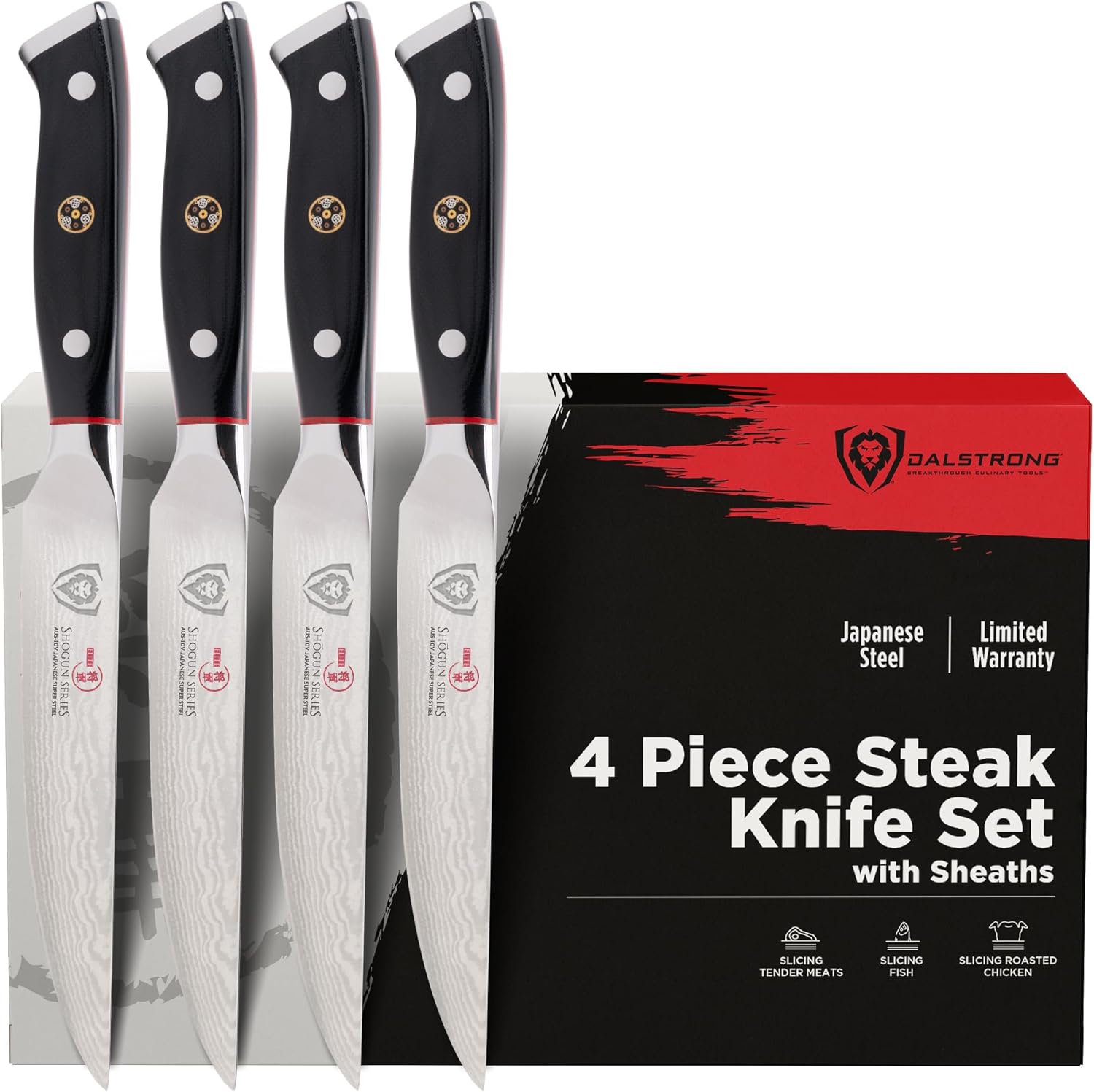 Dalstrong Non Serrated Steak Knives Set of 4-5 inch Straight Blade Steak Knife Set - Sheaths - AUS-10V Japanese Steel - Black G10 Handle - Shogun Series Elite - Dinner Set Cuchillos para Carne
