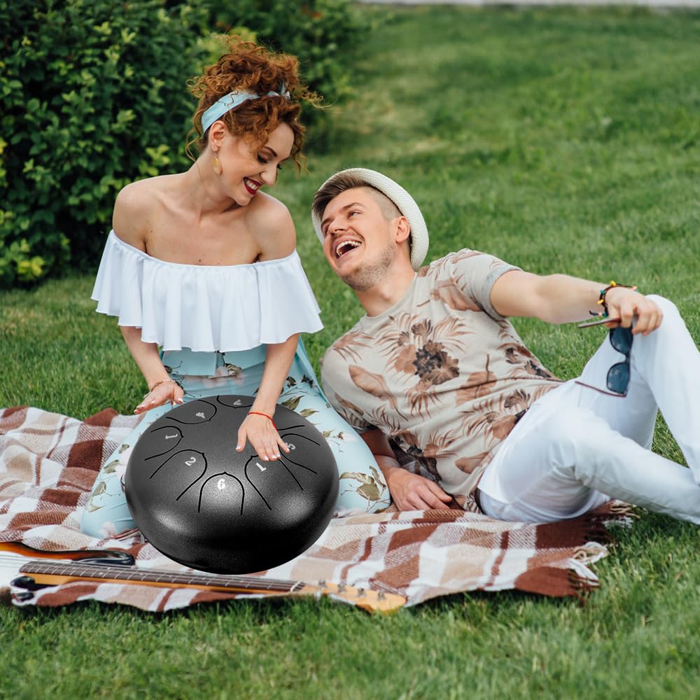 NAVESO Tambor de Lengüeta de Acero, Rain drum para jardín exterior, Handpan Drum, Tambores de Hendidura de 6 Pulgadas y 8 Tonos, con Bastones y Bolsa de Viaje para Yoga,Meditación,Alivia el Estrés