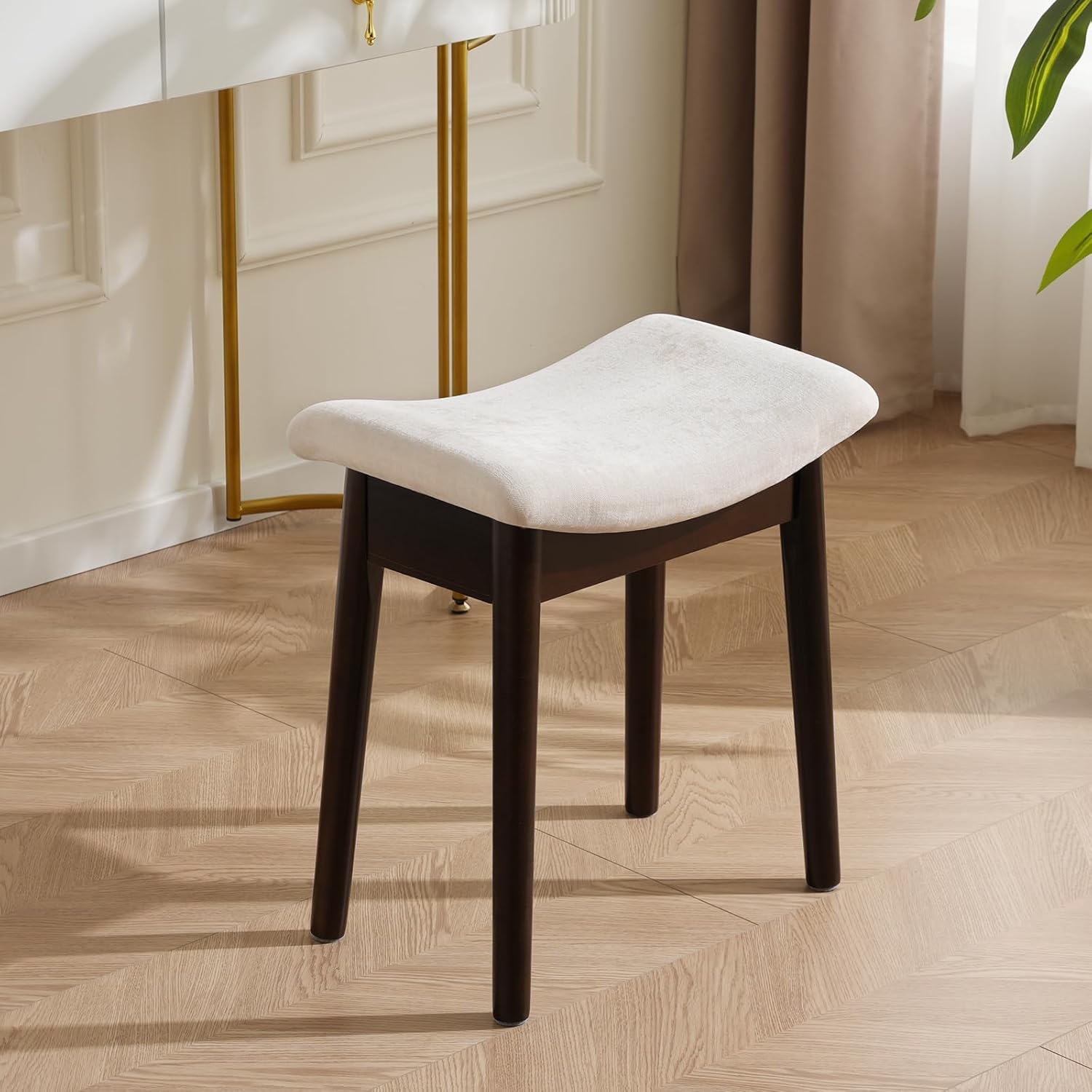 Square Linen Makeup Stool Small Ottoman Stool Chair for Vanity, Modern Padded Seat Foot Rest for Makeup Room, Bathroom (Classic-Beige)