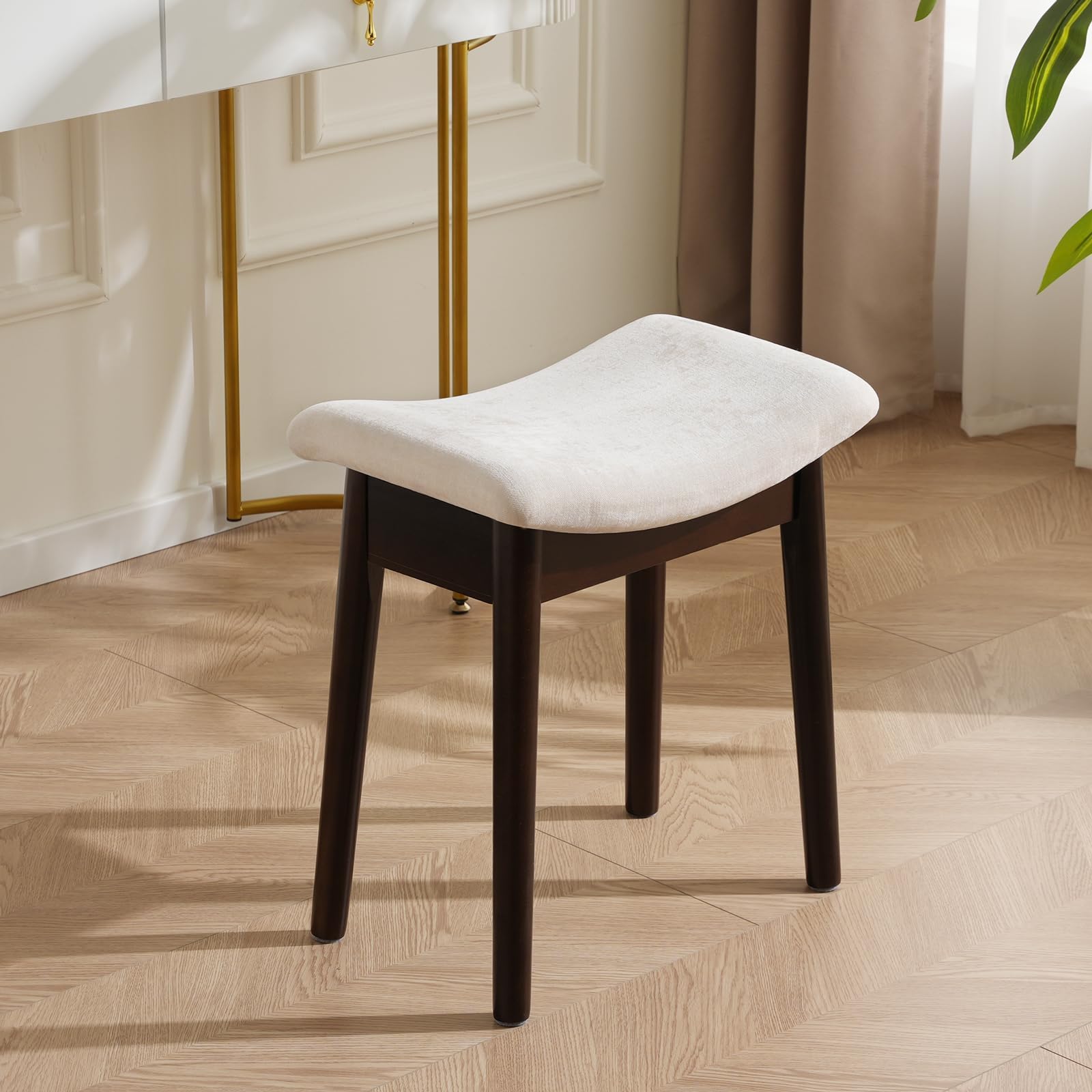 Ergonomic Saddle Vanity Stool with Plush Linen, Elegant Makeup Chair for Vanity Room, Small Upholstered Foot Rest for Living Room & Small Spaces, Space Saving Ottoman Stool (Classic-White)