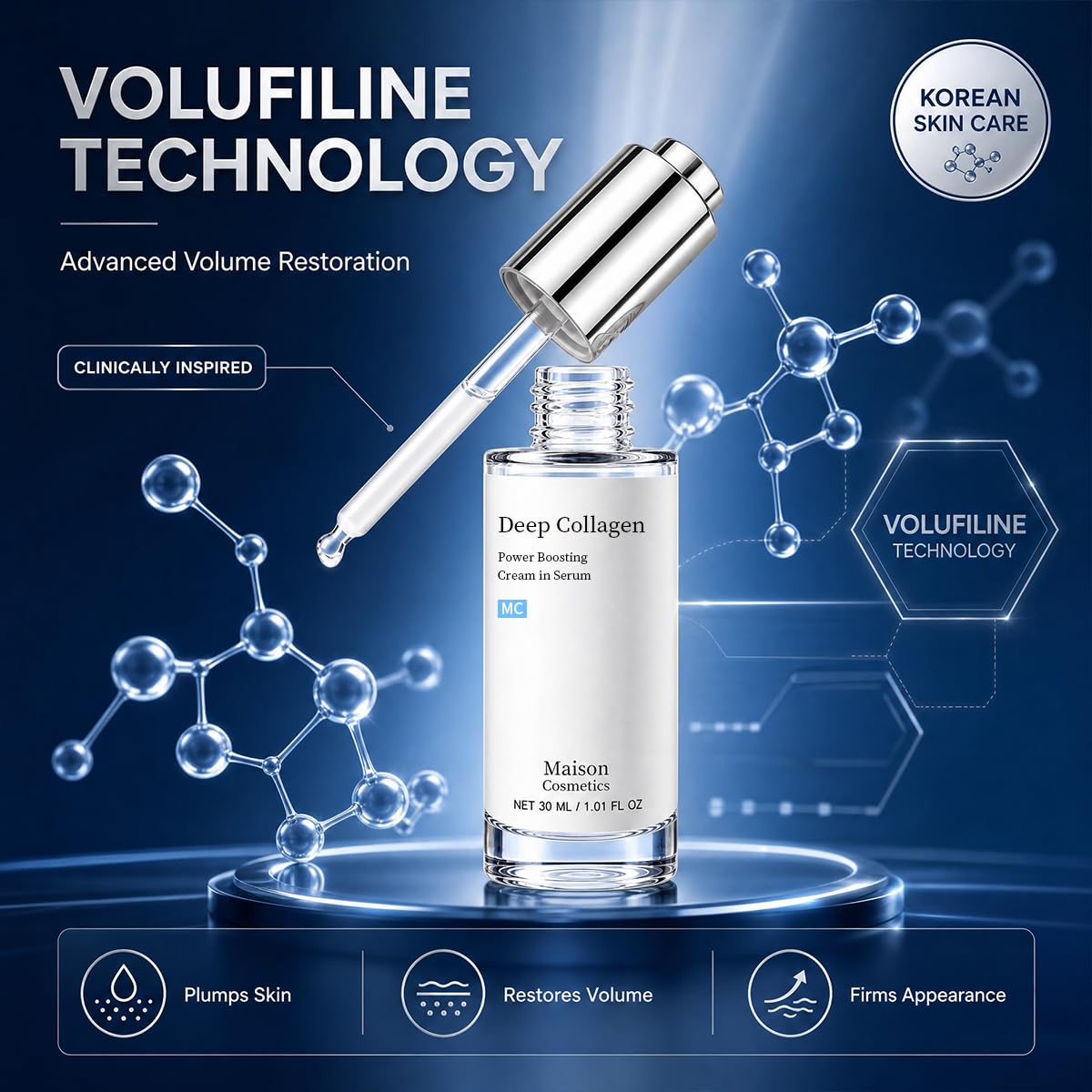 Maison Cosmetics Deep Collagen Volufiline Korean Skin Care Collagen Serum With Hydrolyzed Collagen, Korean Moisturizer for Mature Skin (1.01 fl oz/30ml)