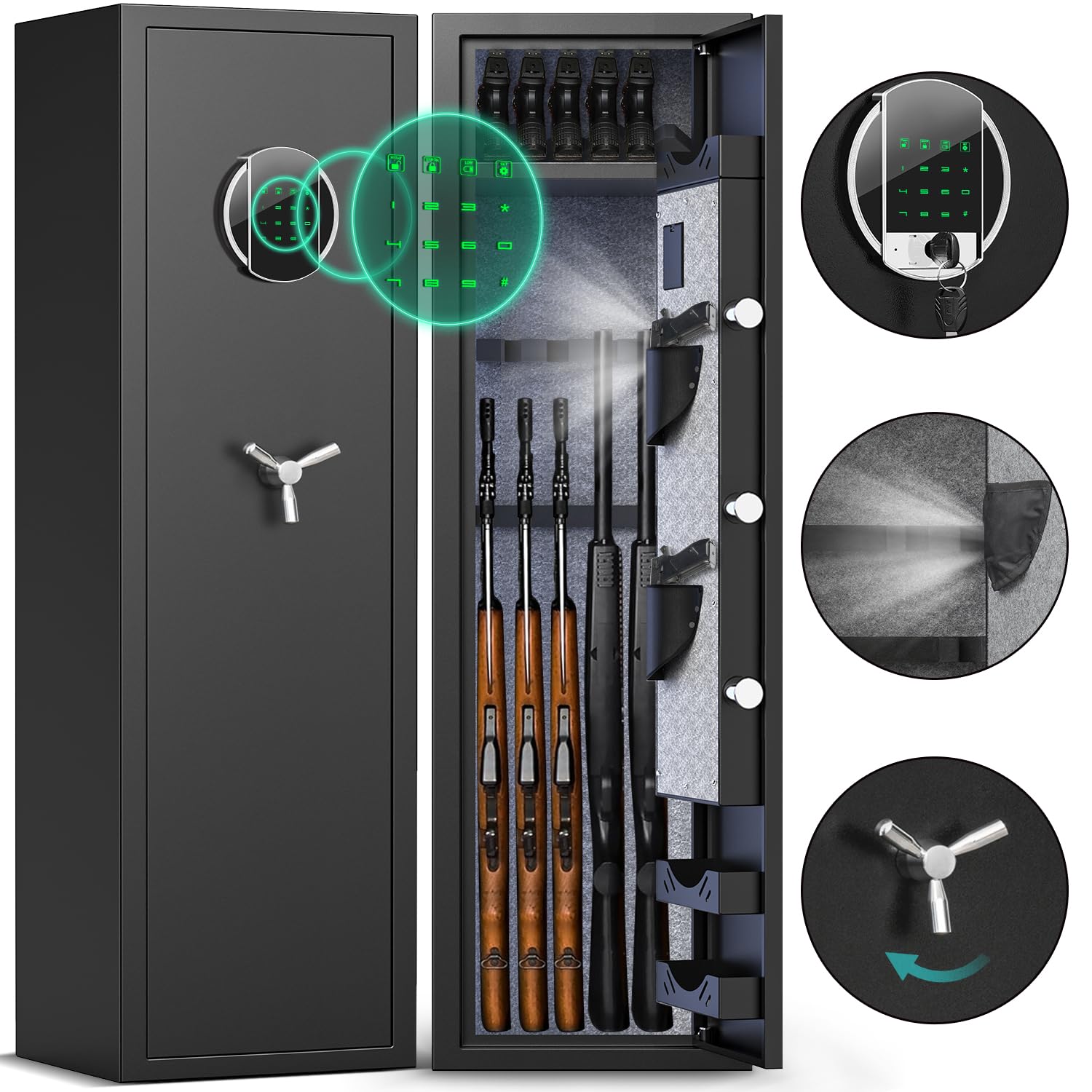 SILKIGHTL 55'' Rifle Gun Safe, Digital Keypad Long Gun Safe for Home Rifle and Pistols, Quick Access 5 Gun Cabinet with Mute Function, Rifle Safe with LED Light, for Rifles Shotguns Pistols