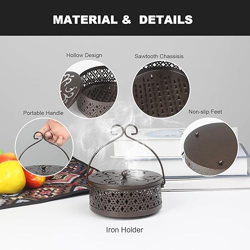 Miniatura 3 de Soporte de bobina de mosquito, portátil, de metal, para colgar en forma de cono con tapa y asa, decoración redonda retro, quemador de incienso de