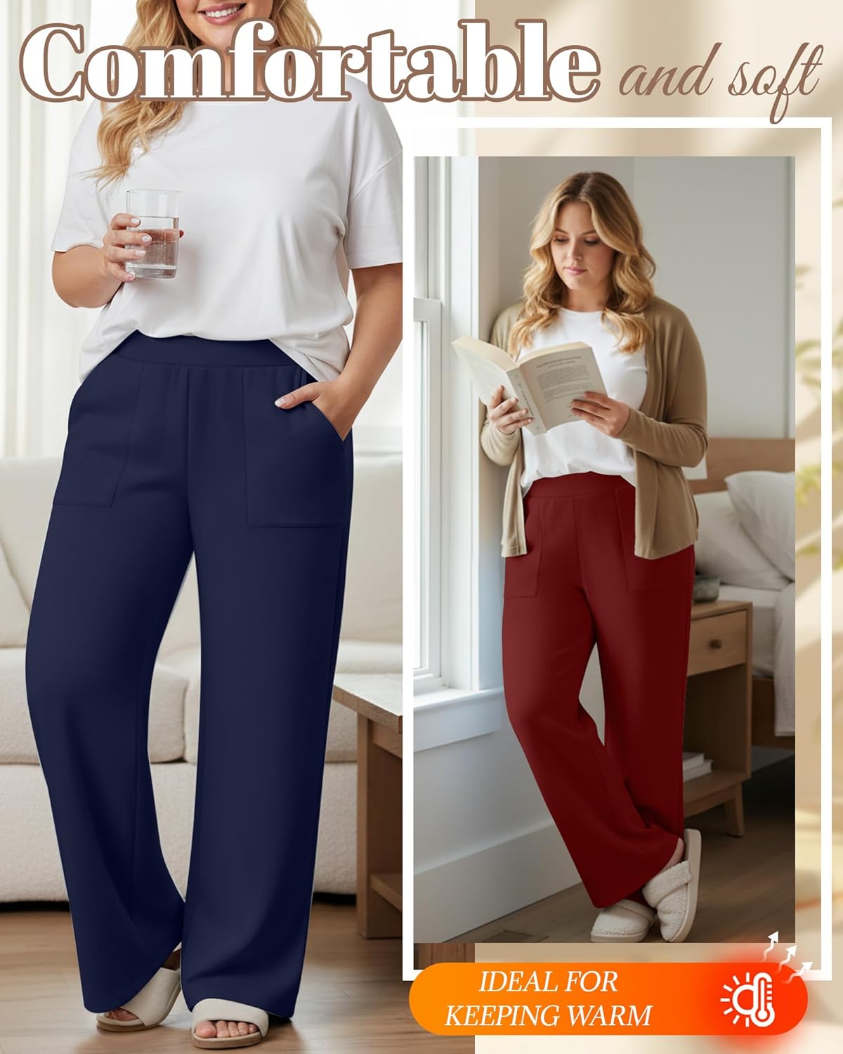 3 Pack Women's Plus Size Fleece Lined Sweatpants, Wide Leg Thermal Winter Pants, Warm Yoga Lounge Joggers - Image 3