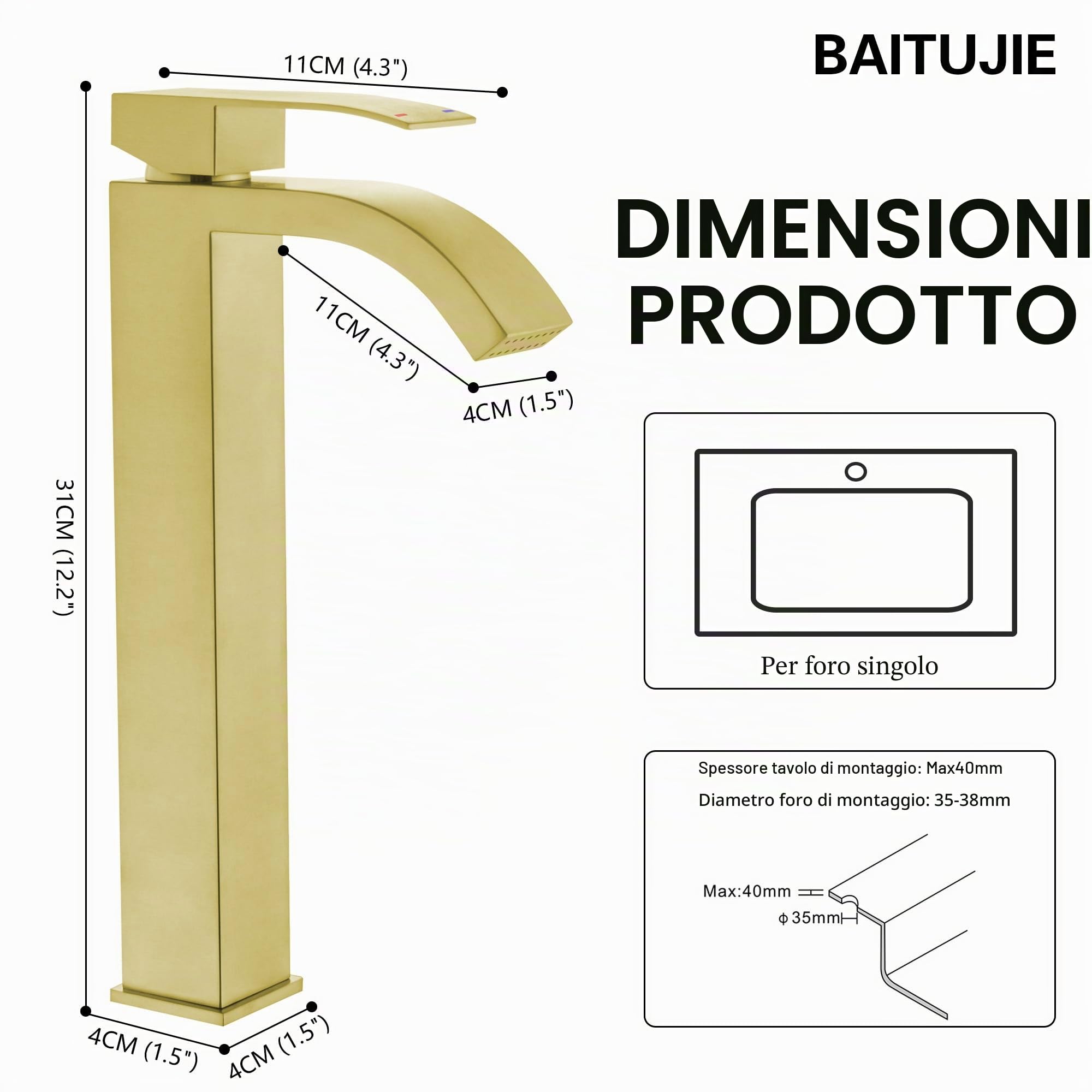 Rubinetto Bagno Alto, Oro Spazzolato Rubinetto Lavabo Alto Rubinetto Bagno Rubinetto Miscelatore Miscelatore monocomando Bagno Rubinetto Acqua Fredda e Calda Disponibile