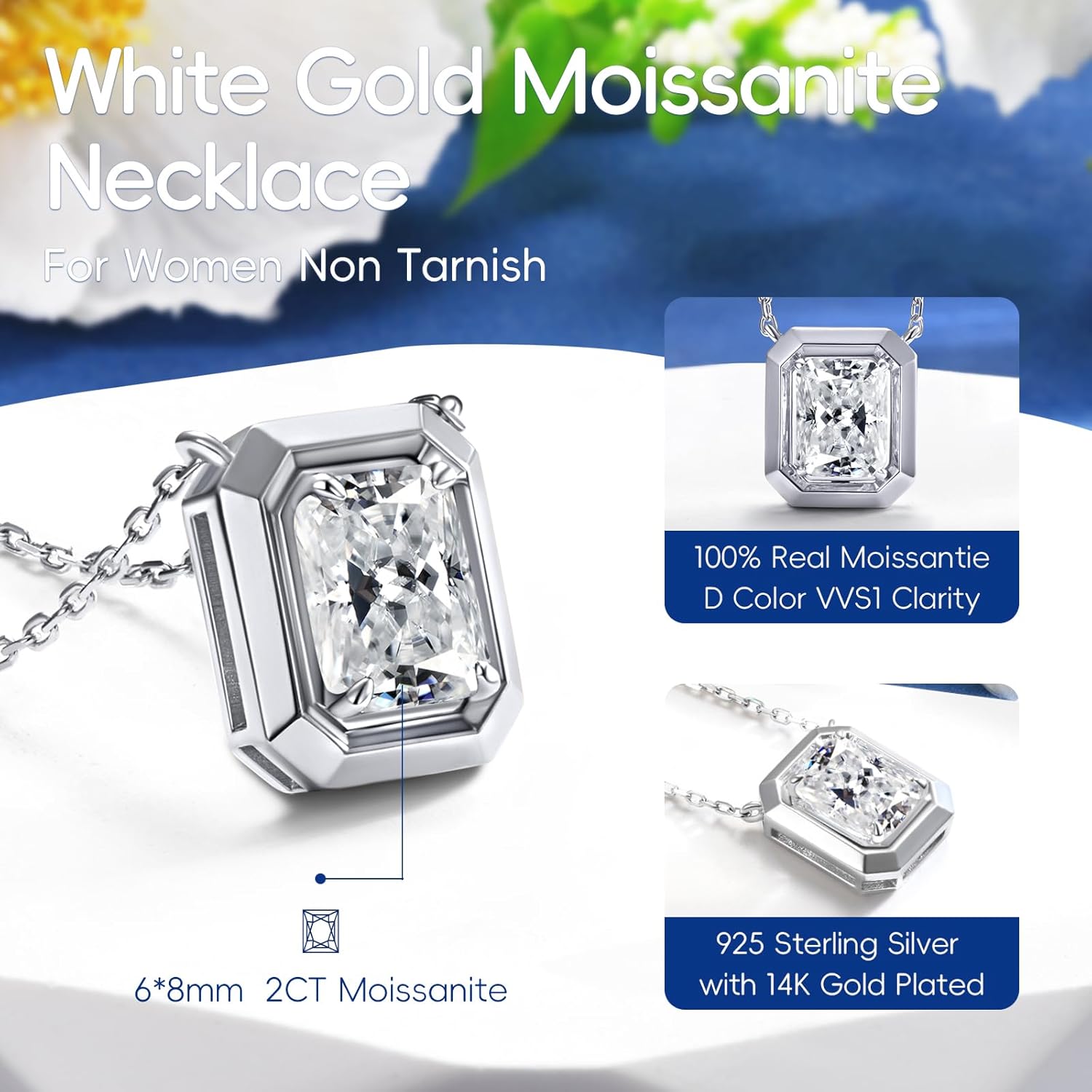 14K Gold Plated Moissanite/Emerald Necklace for Women Dainty Pendant Necklaces for Women Wife Mother Girlfriend Jewelry Gifts - Image 4