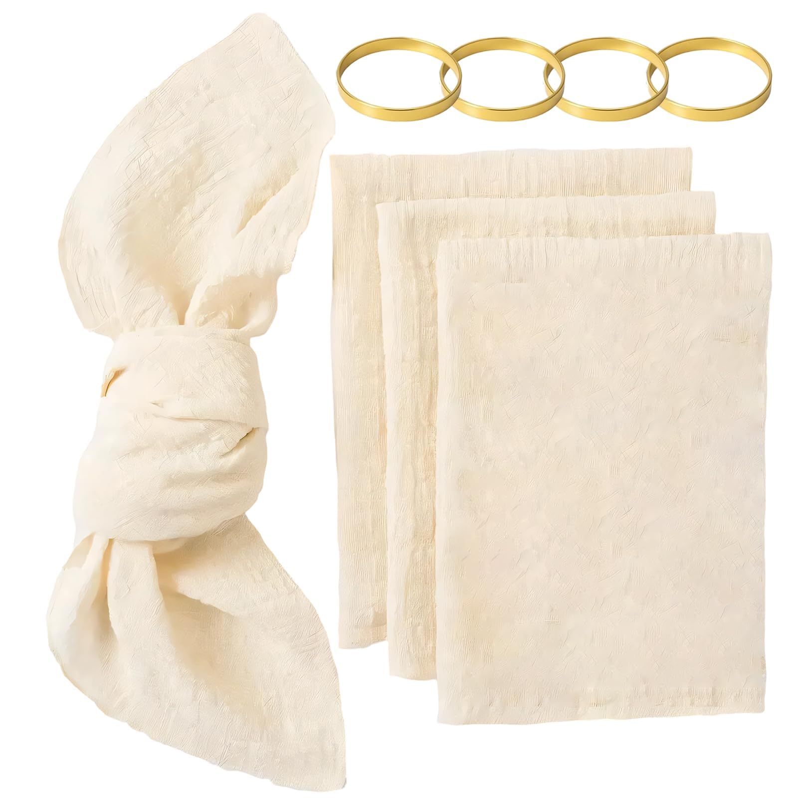 Linen Napkins, 4 Piece Table Napkins Set with 4 Napkin Rings, 42x42cm Beige Cotton Table Napkins Cloth, Fabric Napkins for Christmas Dinner and Party Gatherings
