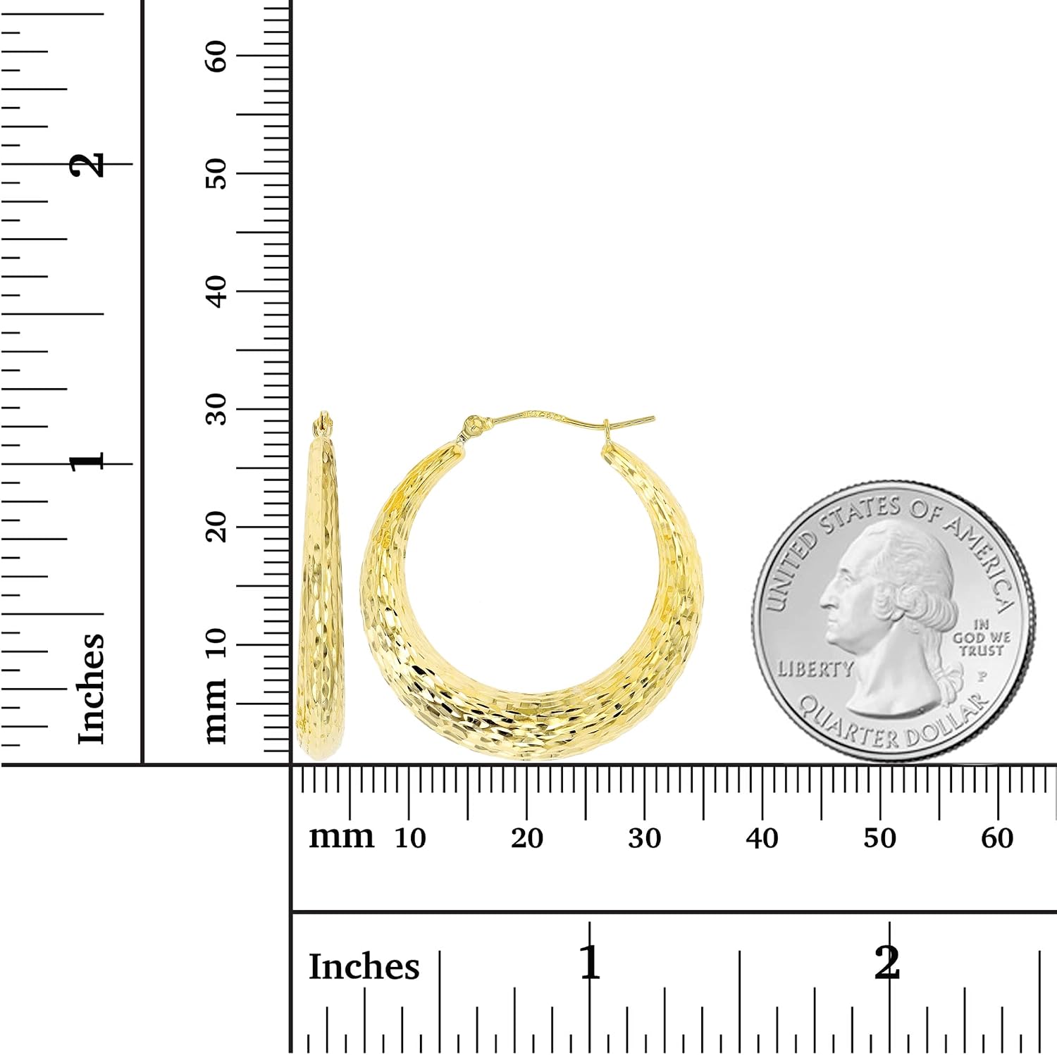 14K Yellow Gold 4.50mm Thick Diamond Cut or Bamboo Hoop Earrings with Hinged Clasp | 4.50x30mm Hoop | Round Hoop Earrings | Solid Gold Earrings For Women