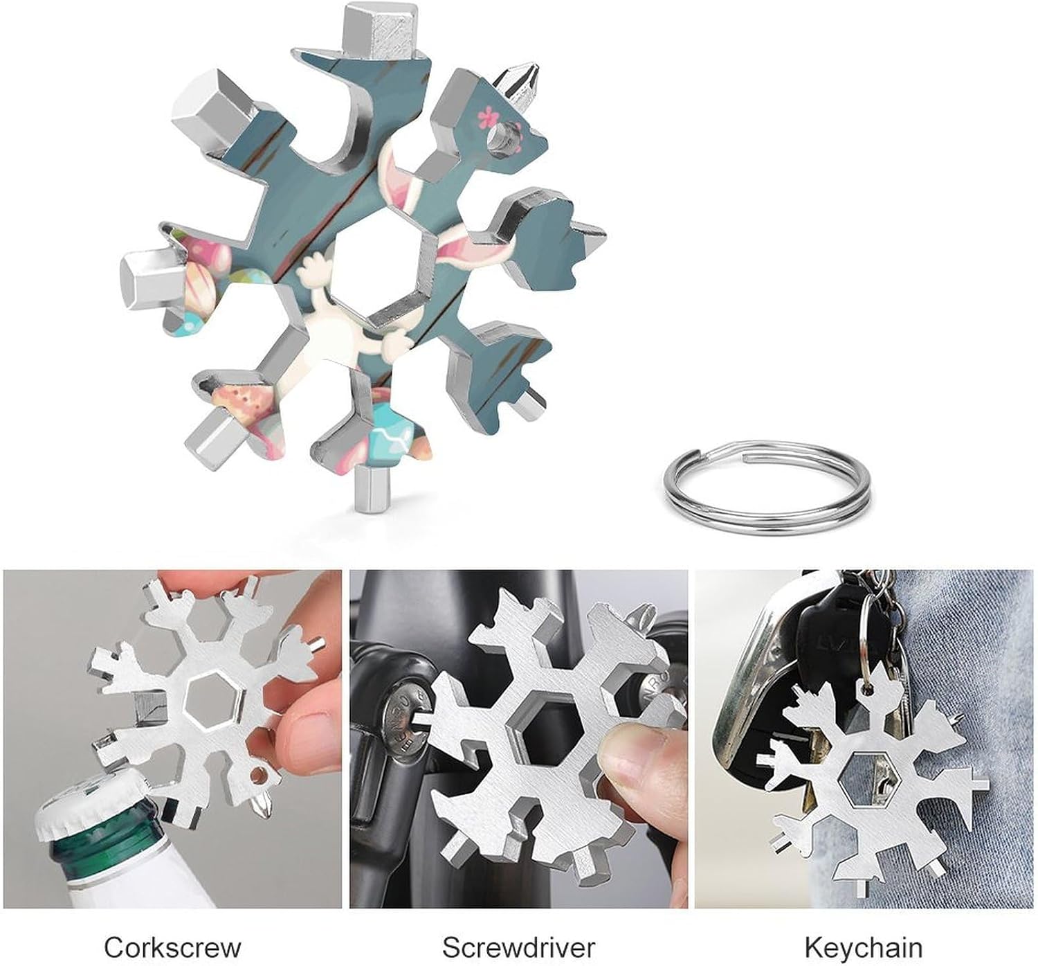 Happy Easter Eggs Bunny Tail 19-in-1 Snowflake Multi Tool, Stainless Steel Metal Snowflake Multitool with Keychain, Compact & Portable Tools for Outdoor Camping Survival Daily Use Gift for Men image 3