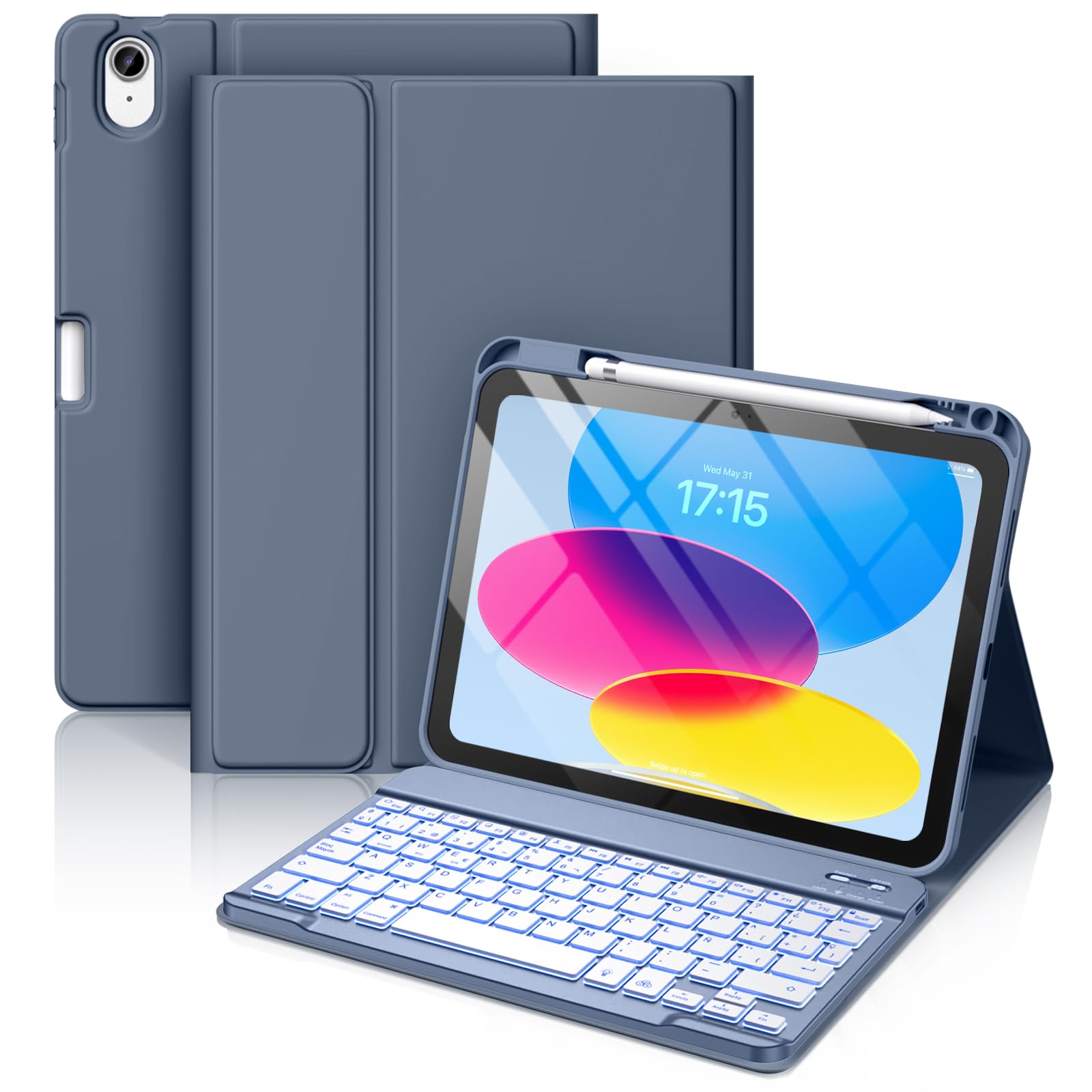Vobafe Teclado for iPad 11 Generación A16 2025/10 Generación 2022 (11/10,9 Pulgada), QWERTY Español Ñ, Retroiluminado de 7 Colores Bluetooth Magnéticamente Teclado para iPad 11/10 Gen, Gris Azul