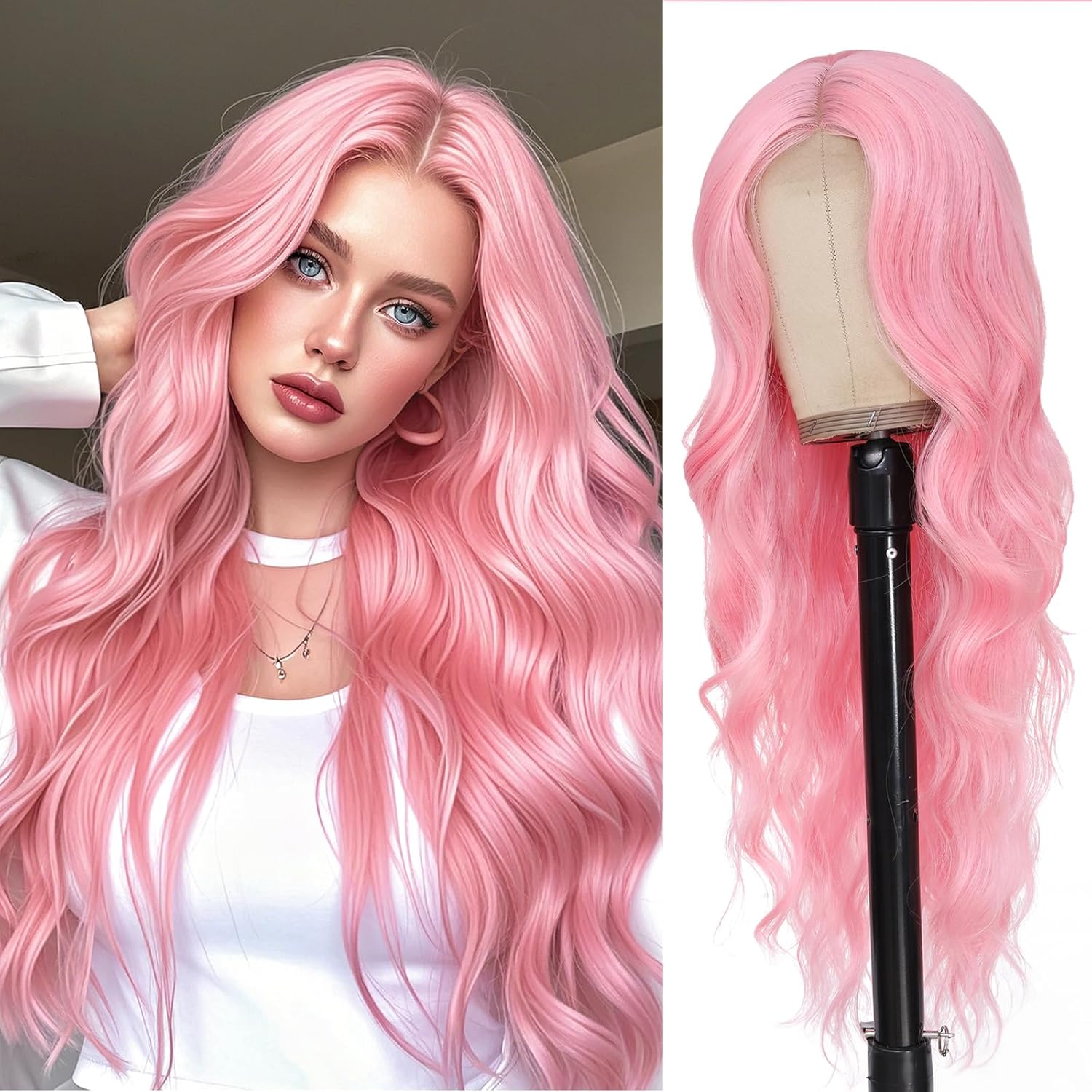 long pink wavy wig middle part for women 26 inch light pink curly wavy wigs natural looking synthetic heat resistant fiber wig for daily party use 26 inch pink#