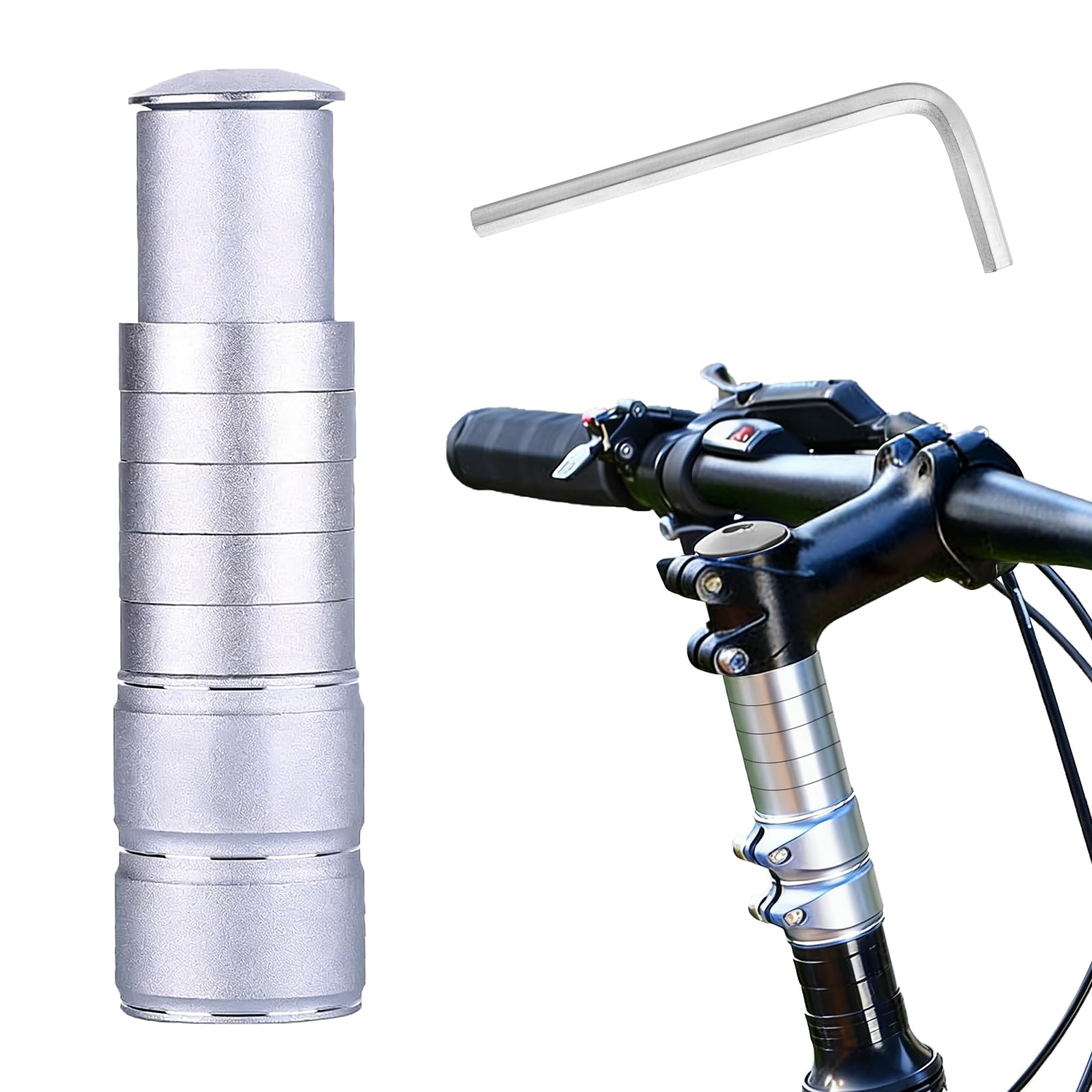Rthynti Bike Stem Riser, 28.6mm Bike Stem Riser Extender, Bike Fork Stem Riser Bicycle Aluminum Alloy Bicycle Handlebar Raiser Adapter for Bicycle Cycling Mountain Bike MTB (Silver)