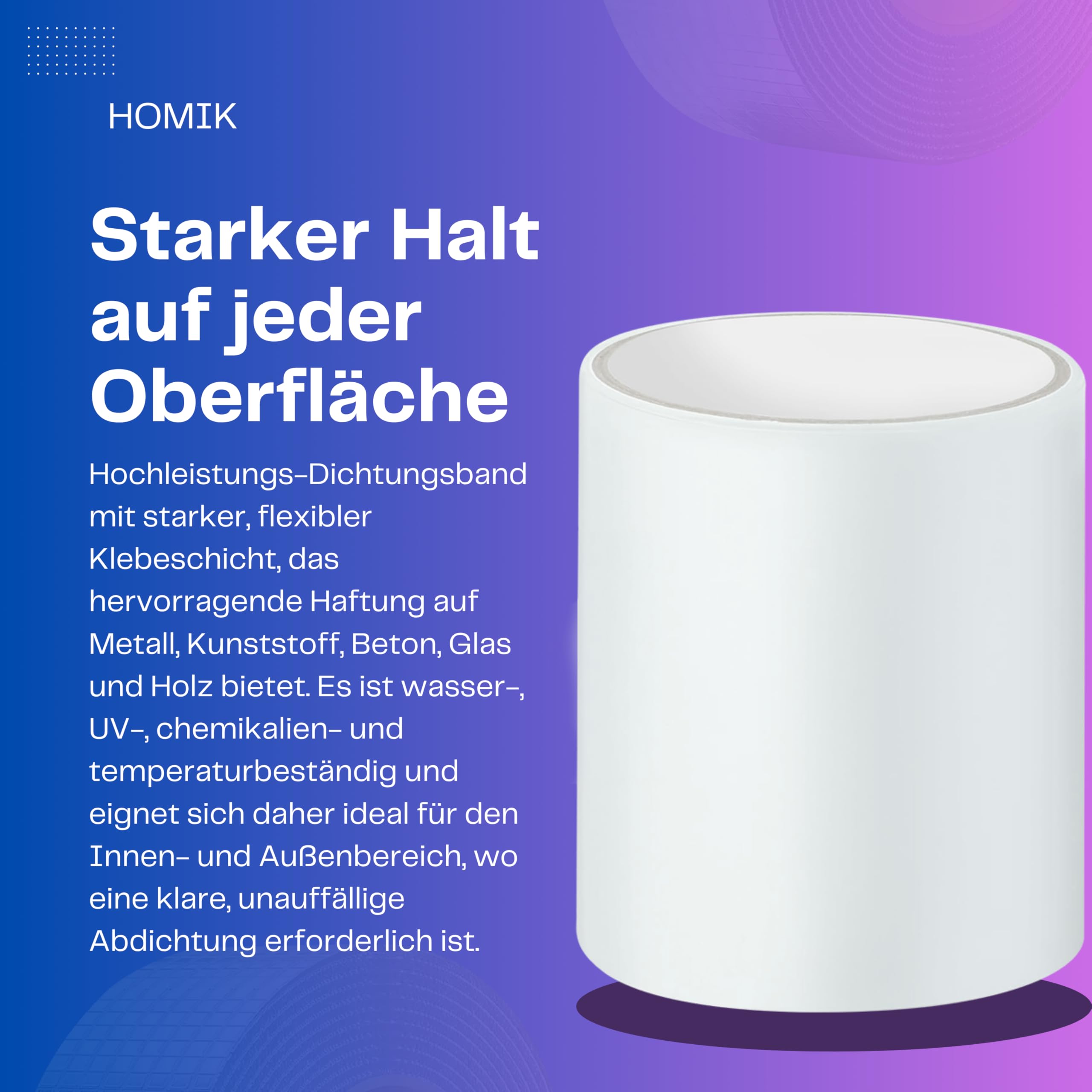 HOMIK Extreem sterk wit waterdicht plakband voor buiten en binnen, afdichtingstape, waterdicht, 10 cm x 5 m, uv-bestendig, duct tape, zelfsluitende tape