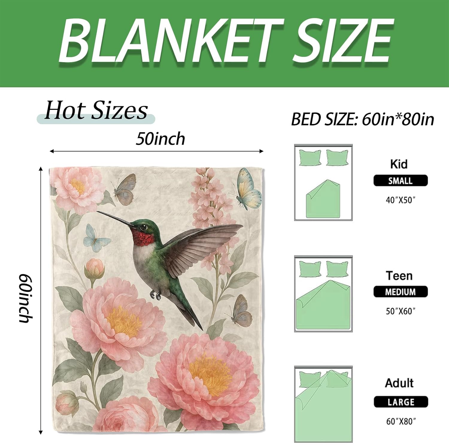 Floral Hummingbird Throw Blanket, Warm Flannel Blankets Garden with Flower Butterfly and Leaf, Vintage Nature Decor and Gifts, Soft Cozy Throws, 50"X60" for Bedroom Couch Travel Office