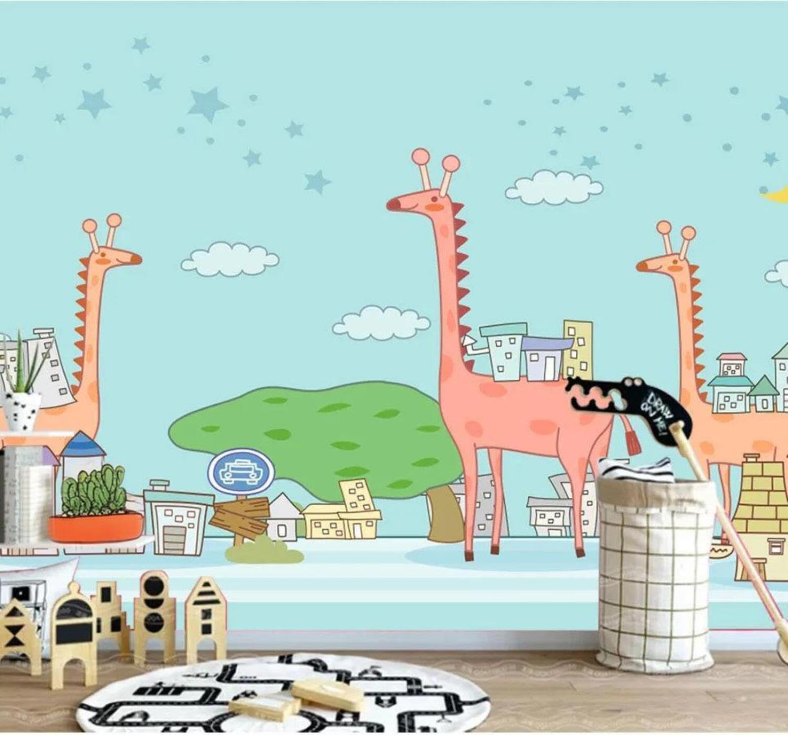 Cartoon Fresh Animals Giraffe House 3D Wallpaper Easy Install Feature Office Living Room Sofa Bedroom TV Background Wall Decoration-250cm×170cm