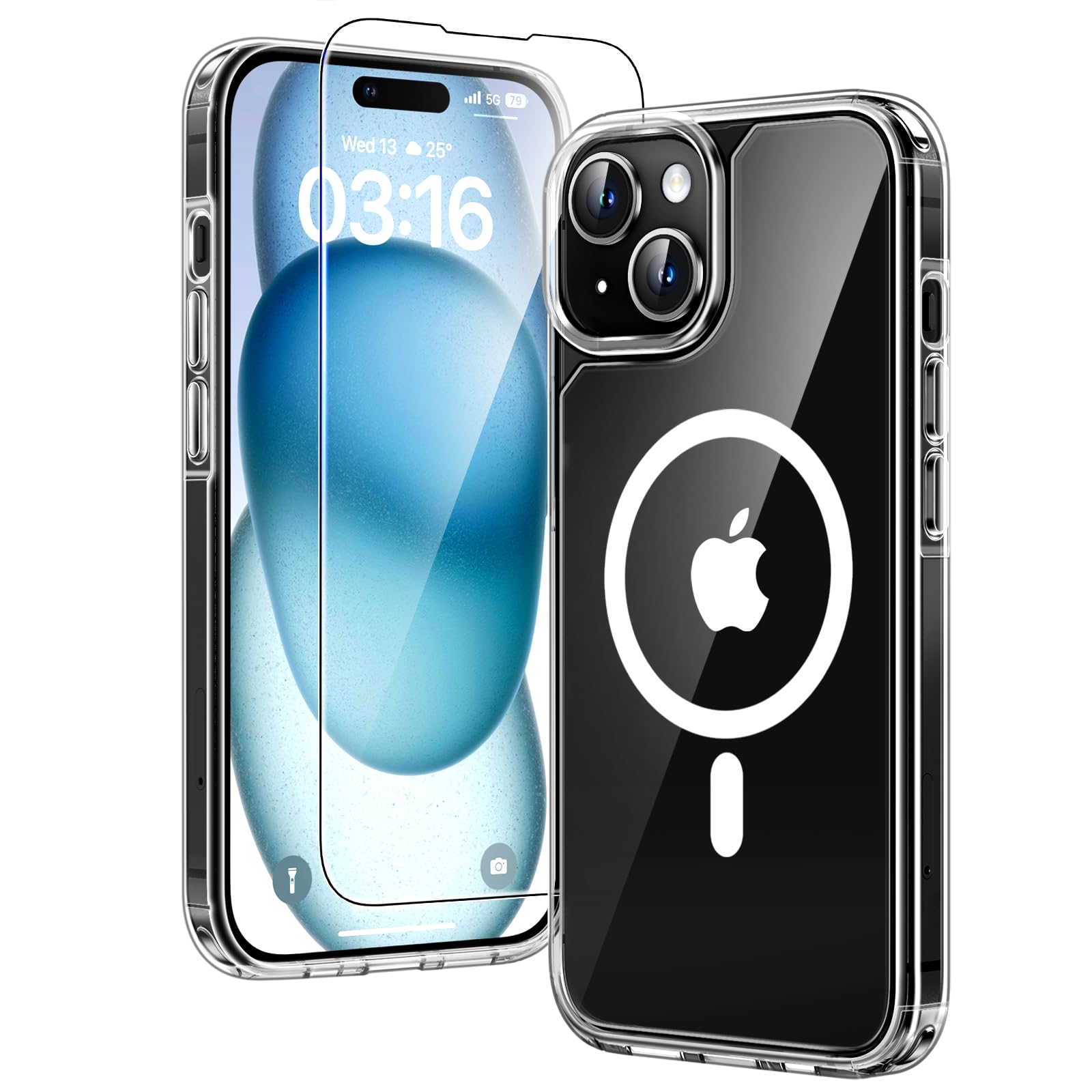 TAURI Funda Magnética para iPhone 15 Plus 6.7", Transparente | [No Amarillea] con HD Protectores de Pantalla, [Protección de Grado 15 FT] Mejorada Protección Anti-Arañazos Case Global Recycled Standard Global Recycled Standard Global Recycled Standard