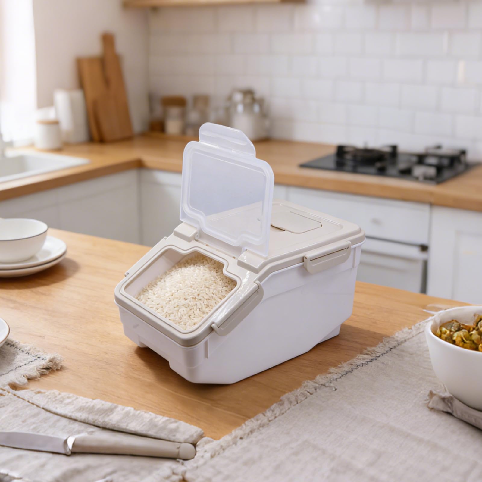 Contenitore ermetico per riso, 5 kg, a prova di umidità e parassiti, con ruote e coperchio di bloccaggio, per riso, farina, pasta e alimenti secchi, per uso alimentare (grigio)
