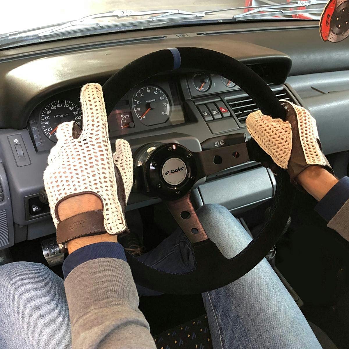 SIMONI Racing Guanti da Guida per Auto in Stile Vintage in Morbida Pelle e Rete in Cotone