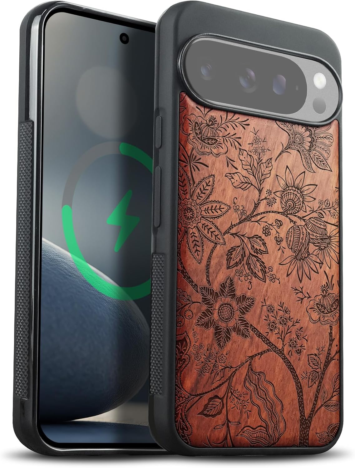 Carveit Magnetic Wooden Case for Google Pixel 10 / Pixel 10 Pro Case, Wood Artisan Engraved & Soft TPU Shockproof Cover, Compatible with MagSafe Wireless Chargers (Music Notes) Rosy