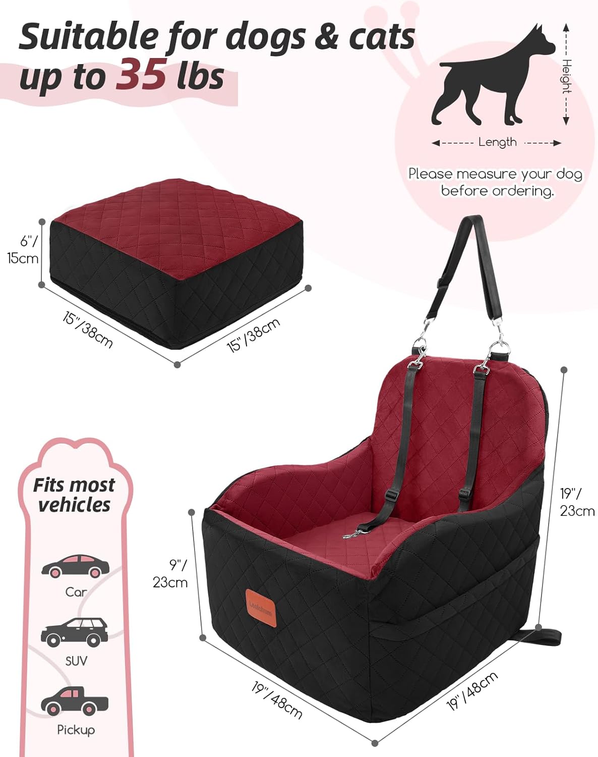 dog booster car seat for small/medium dogs,puppy portable car bed with elevated cushion,fully detachable and washable,2 storage pockets,easy to install (blakc/red, medium) blakc/red medium