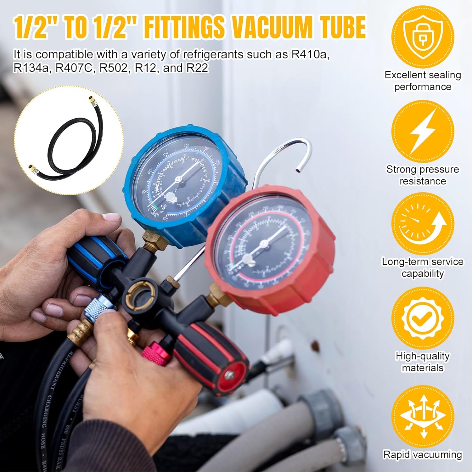 Refrigerant Charging Vacuum Hose High-flow 1/2 Inch Internal, 6 Ft, 800 Psi Working Pressure/4000 Psi Burst Pressure HVAC Evacuation and Recovery 20 Microns Vacuum (1/2" to 1/2" Fittings)