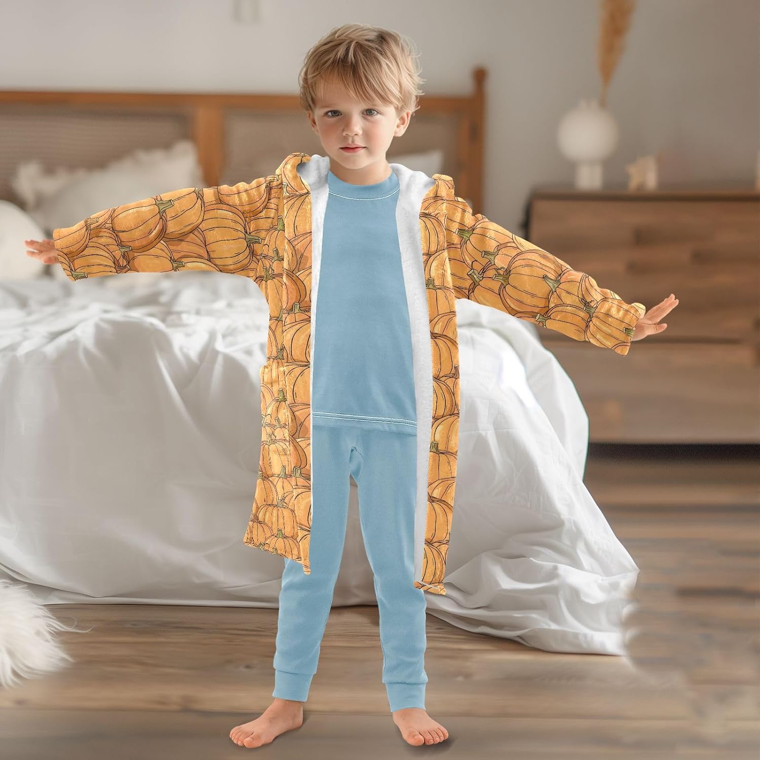 senya Many Pumpkins Toddler Hooded Bathrobe Kids Soft Plush Bath Towel Robes for Boys Girls 2-12 Years
