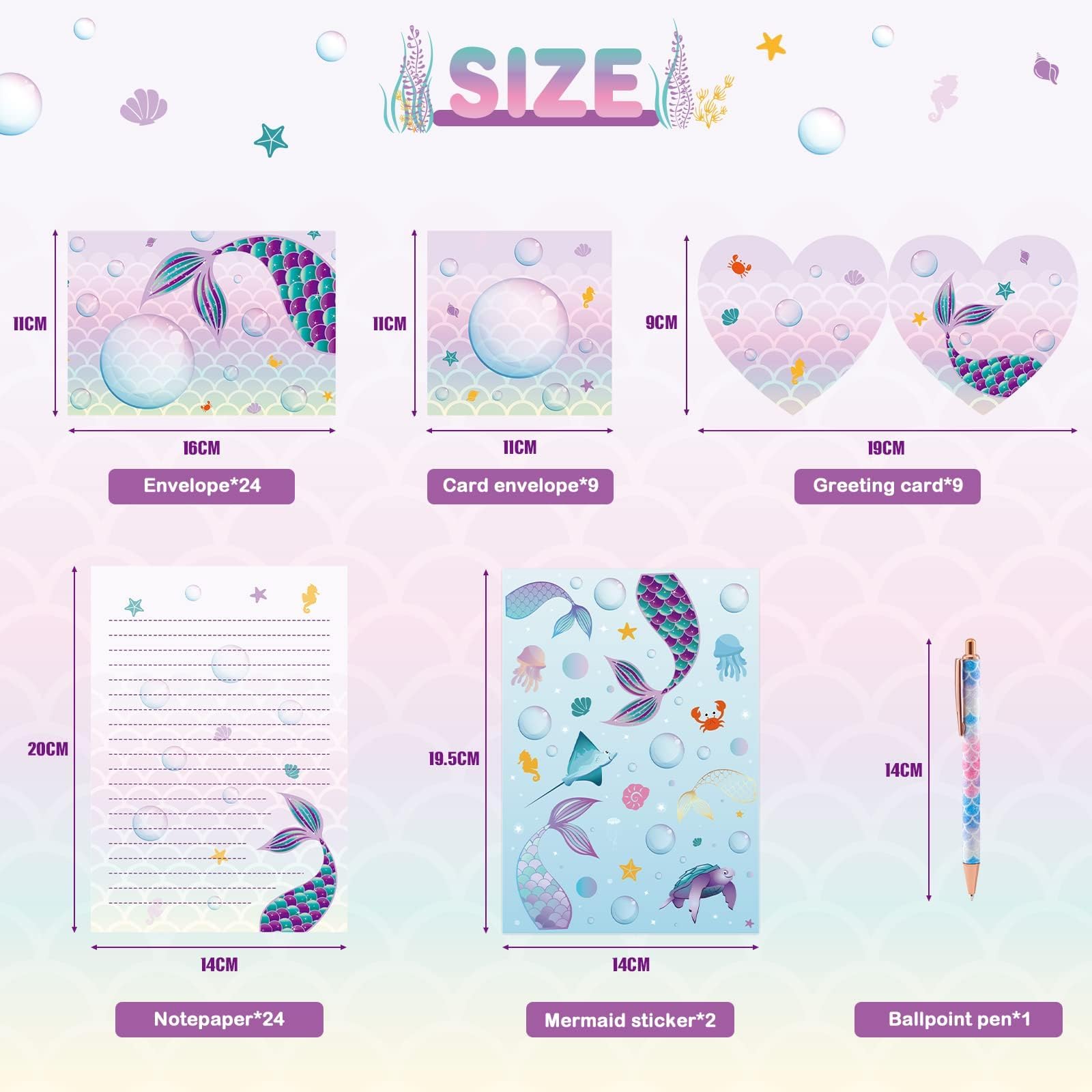 WERNNSAI Sirène Papier de Papeterie 71 PCS Enveloppes Cartes Autocollants Boite Cadeau