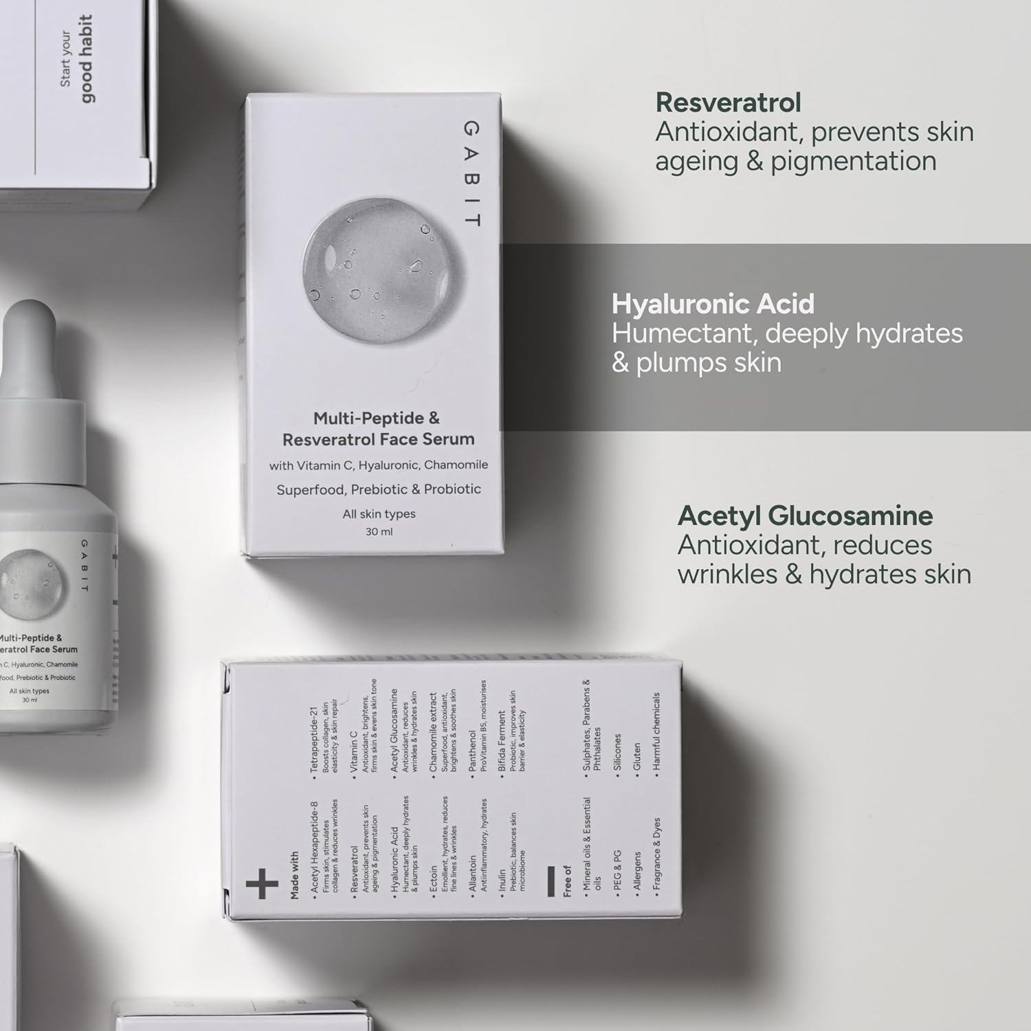 Gabit multi-peptide and resuritrol pro-aging serum for wrinkles, fine lines, dark spots. Boost collagen | Normal, oily, dry, sensitive skin types. Vit-C, Heluronic, Chamomile | For women and men, 30 ml Gabit multi-peptide and resuritrol pro-aging serum for wrinkles, fine lines, dark spots. Boost collagen | Normal, oily, dry, sensitive skin types. Vit-C, Heluronic, Chamomile | For women and men, 30 ml