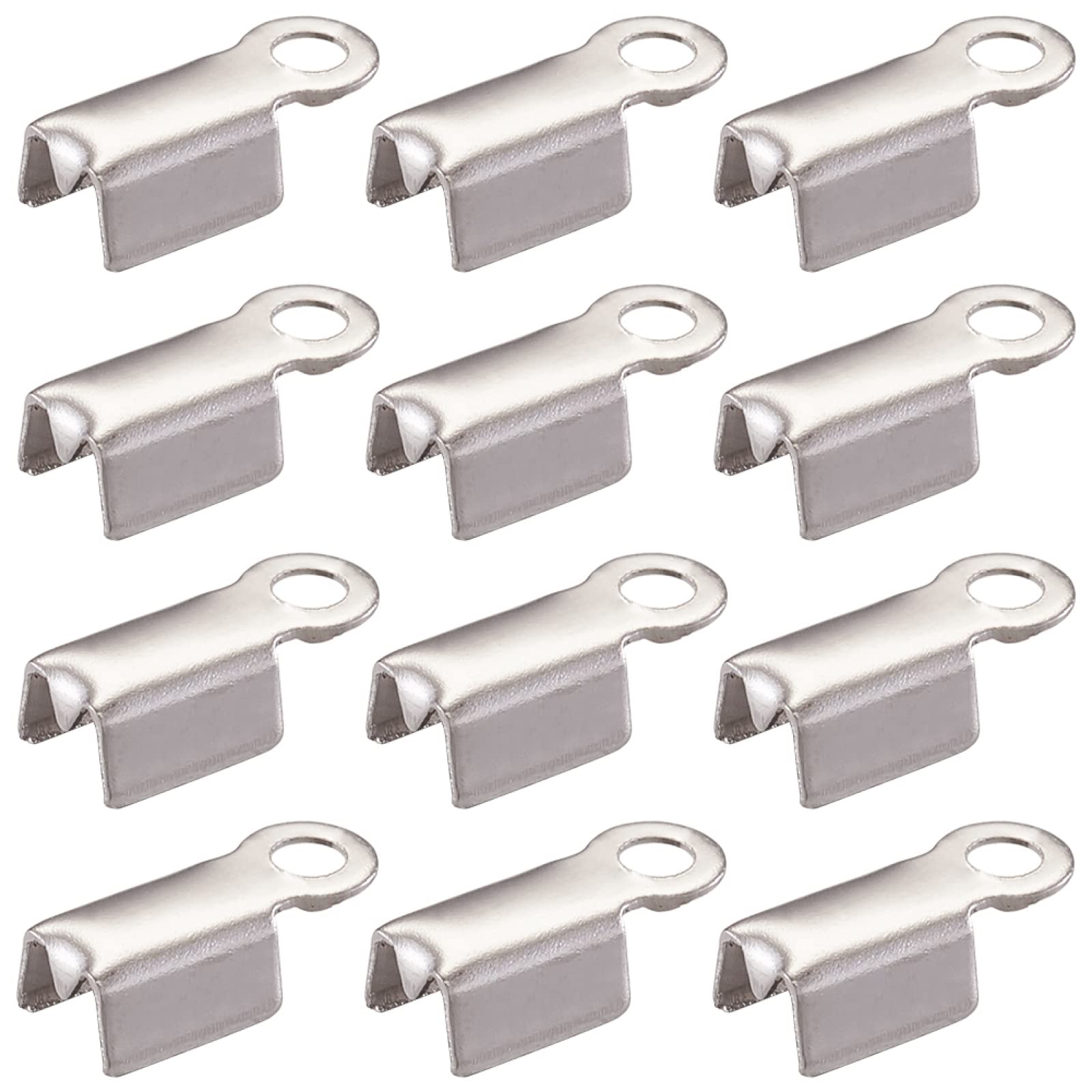 PandaHall 100pcs 304 Stainless Steel Fold Over Crimp Cord Ends 9.5x4x3mm Leather Ribbon Ending Clasp Terminators Crimp End Tips for Bracelet Necklace Jewelry Making, Stainless Steel Color