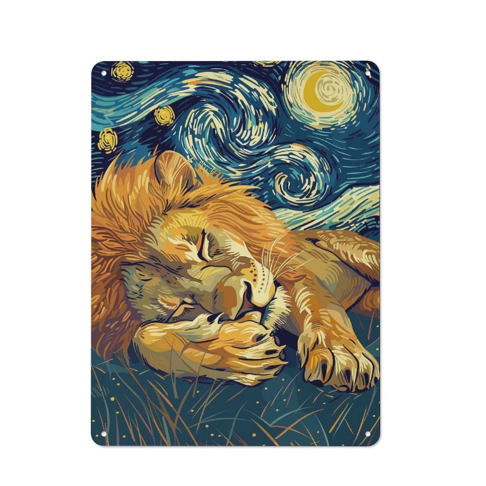 Junmoney Lion Sleeping Under Starry Night Sky Metal Plaque 40X30cm With For Hallway Wall, Rustic Decor, For Garage, Workshop And Man Cave Decoration