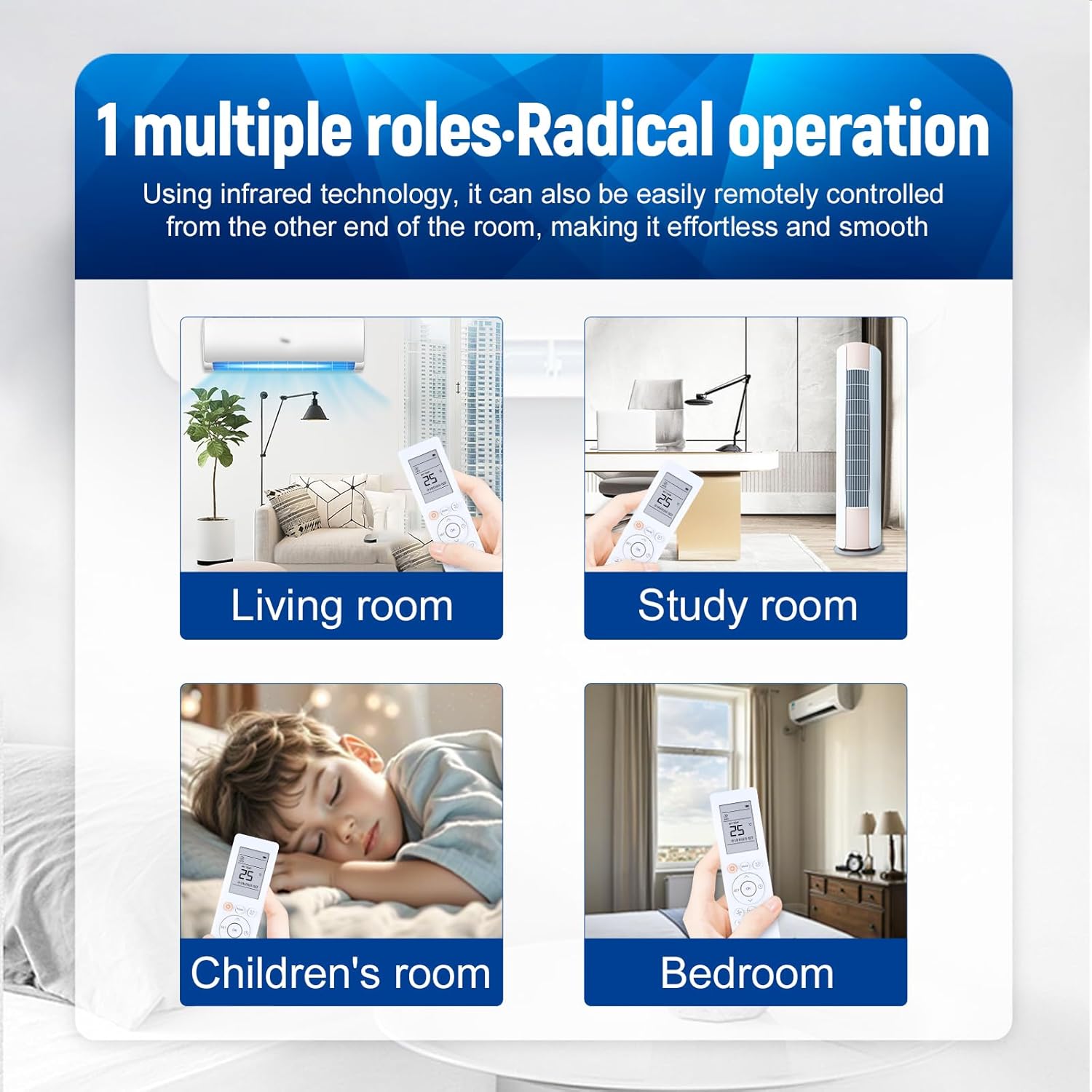 Images showing the remote control being used in different household environments: living room, study room, children's room, and bedroom.