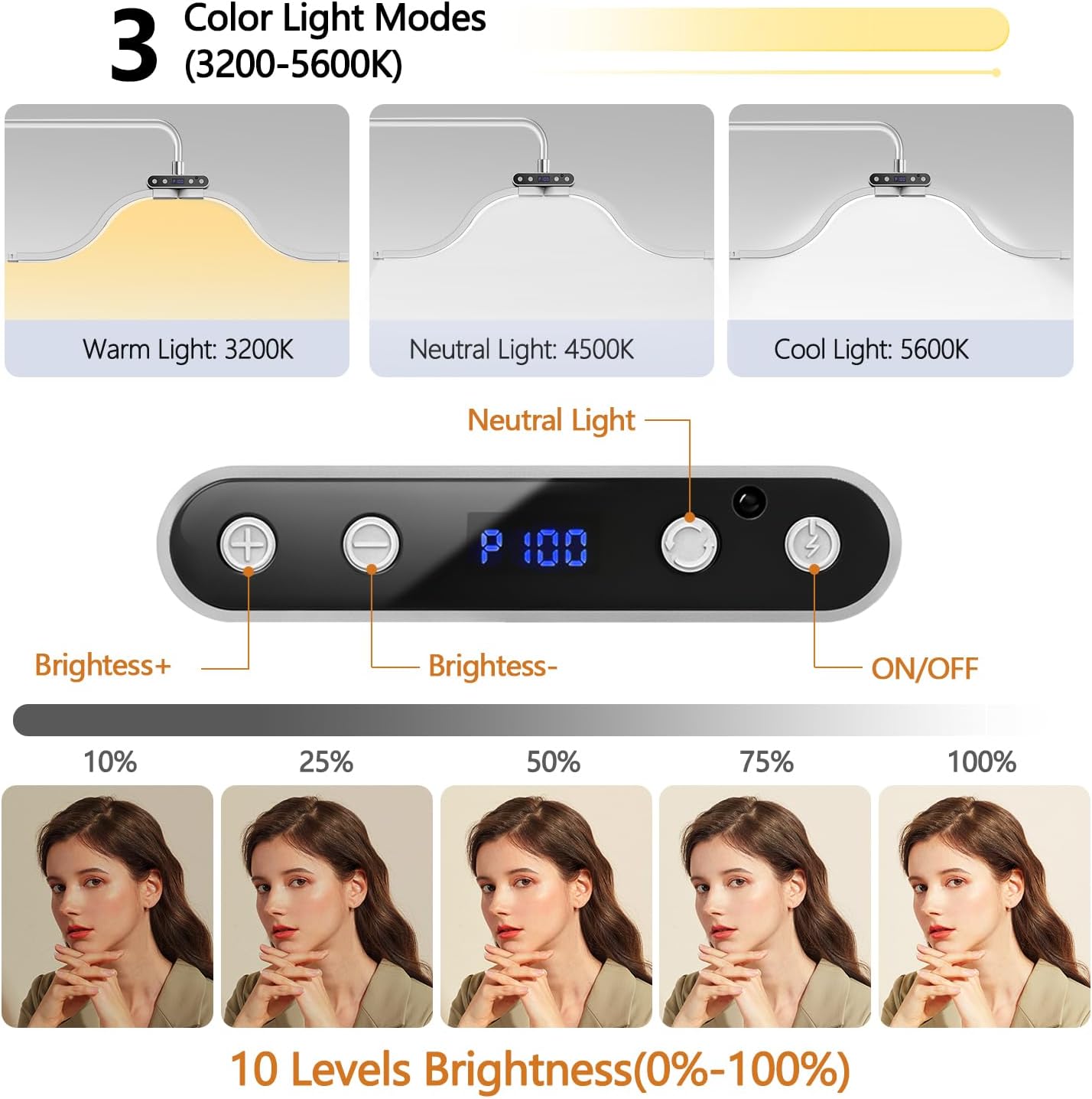 Lash Light for Eyelash Tech-Esthetician Ring Light, Half Moon Light for Led Lash Lamp Extensions, Tattoo Artists, Nail Tech - Cool, Warm Lamp with Adjustable Brightness & Height, Phone Holder (White) image 5
