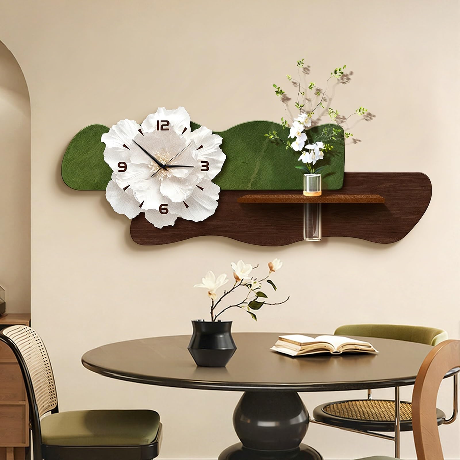ITOSUI Crystal Porcelain Decorative Art Wall Clock,Flower Wall Clock,Non-Ticking,Battery Operated,Simple Wall Decoration,for Living Room,Bedroom,Dining Room(Green,35.4 * 13.8in)