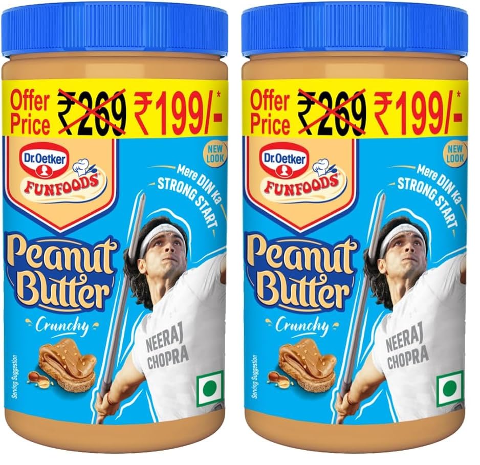 Image of Dr. Oetker FunFoods Peanut Butter Crunchy,750G|91% Roasted Peanuts|25% Protein per 100G|Source Of Vitamin E,B3 & B6|Nutty & Sweetened Nut Butter|Plant-Based Protein Spread (Pack of 2)
