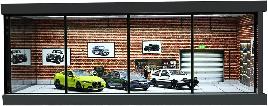 1/64 Diorama Car Garage Model with LED Lighting, City Car, Showroom Model, Parking Lot Storage Model for 1/64 Scale Diecast Model Car, Scene Display Model Collection Gift, Garage Model Red | 5 Parking Space, Acrylic Dust Door, Red Brick Garage Scene for 1:64 Diecast Hot Wheels Car Display
