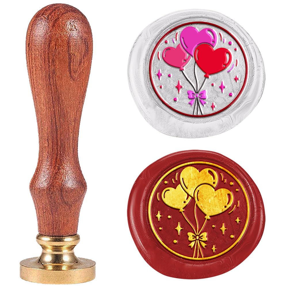 DELORIGIN Heart Shaped Balloons Wax Seal Stamp 1" Vintage Sealing Stamps Removable Brass Head Seal Stamp with Wooden Handle for Envelope Greeting Card Christmas Wedding Invitations Wine Gift Wrapping