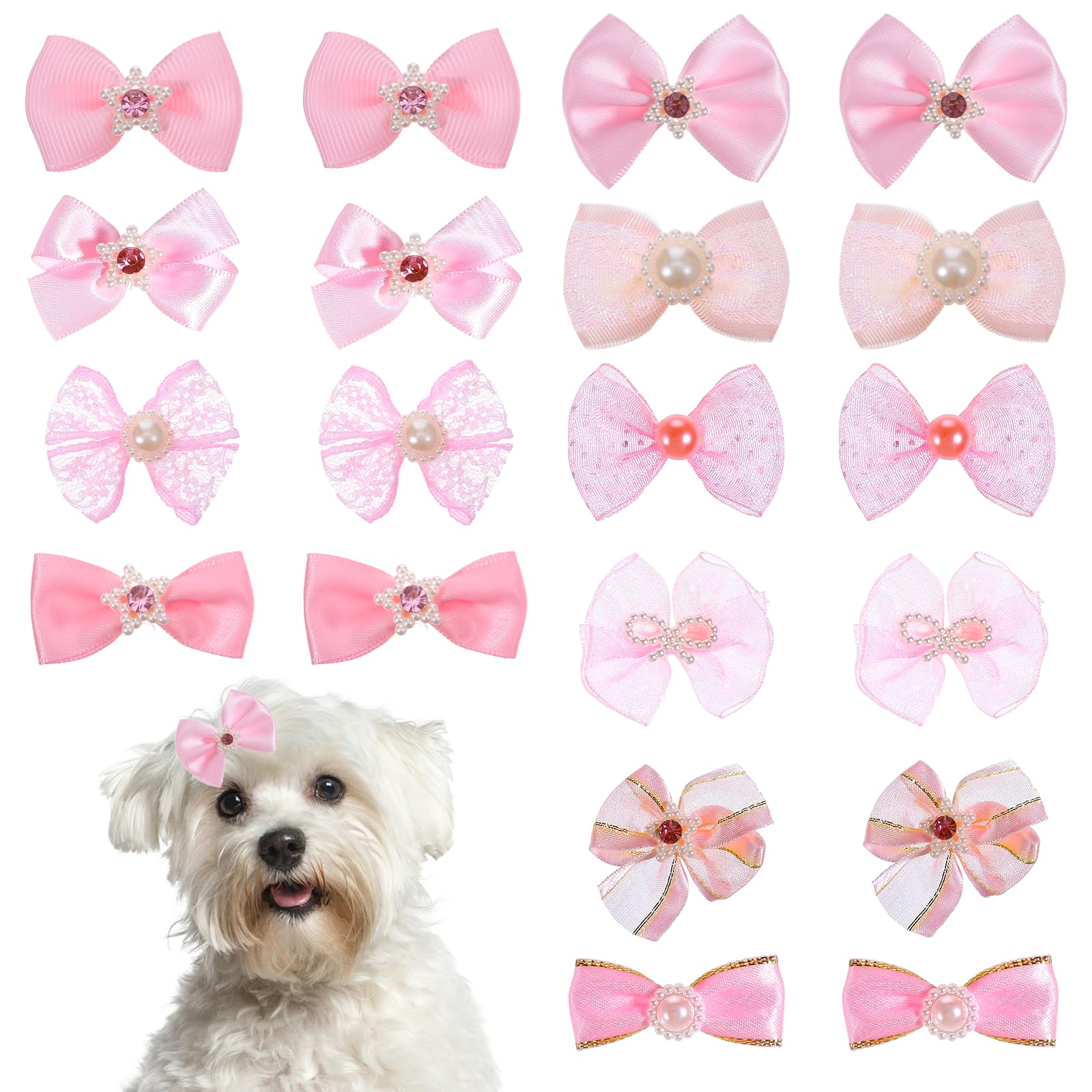 Dog Bows, 20 Pcs Cute Dog Hair Bows with Rubber Bands Pink Dogs Accessories Mix Style Lace Rhinestone Pearls Puppy Bow for Furry Cat Puppy Pet