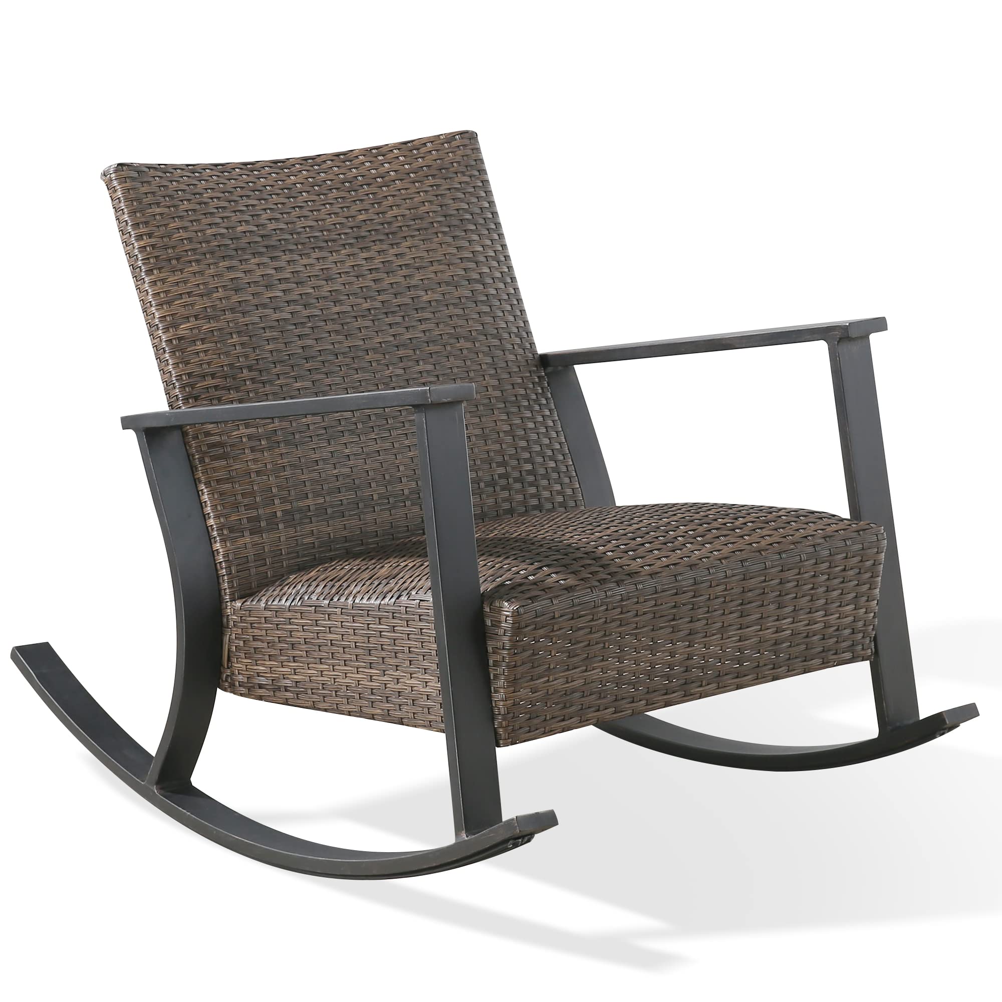 Ulax furnitureOutdoor Wicker Rocking Chair, All- Weather Outside Rattan Furniture, Club Rocker Chair with Armrest for Garden, Patio, Balcony and Backyard (Brown)
