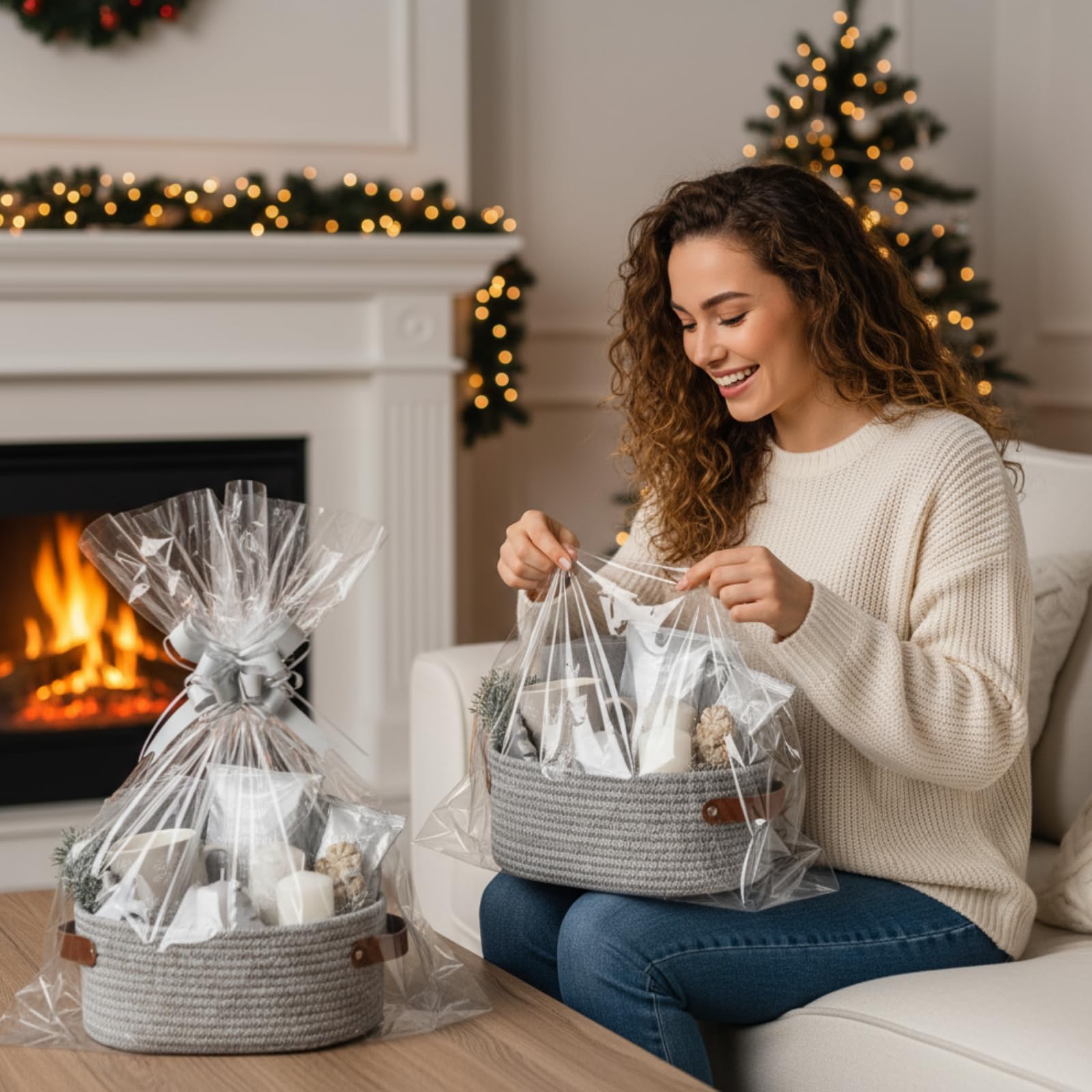 Colingmill Paquete de 2 cestas de regalo para el día de San Valentín con asas con bolsas de regalo, cintas, cestas tejidas, caja de regalo vacía para regalos, cestas de regalo, boda, Pascua (gris