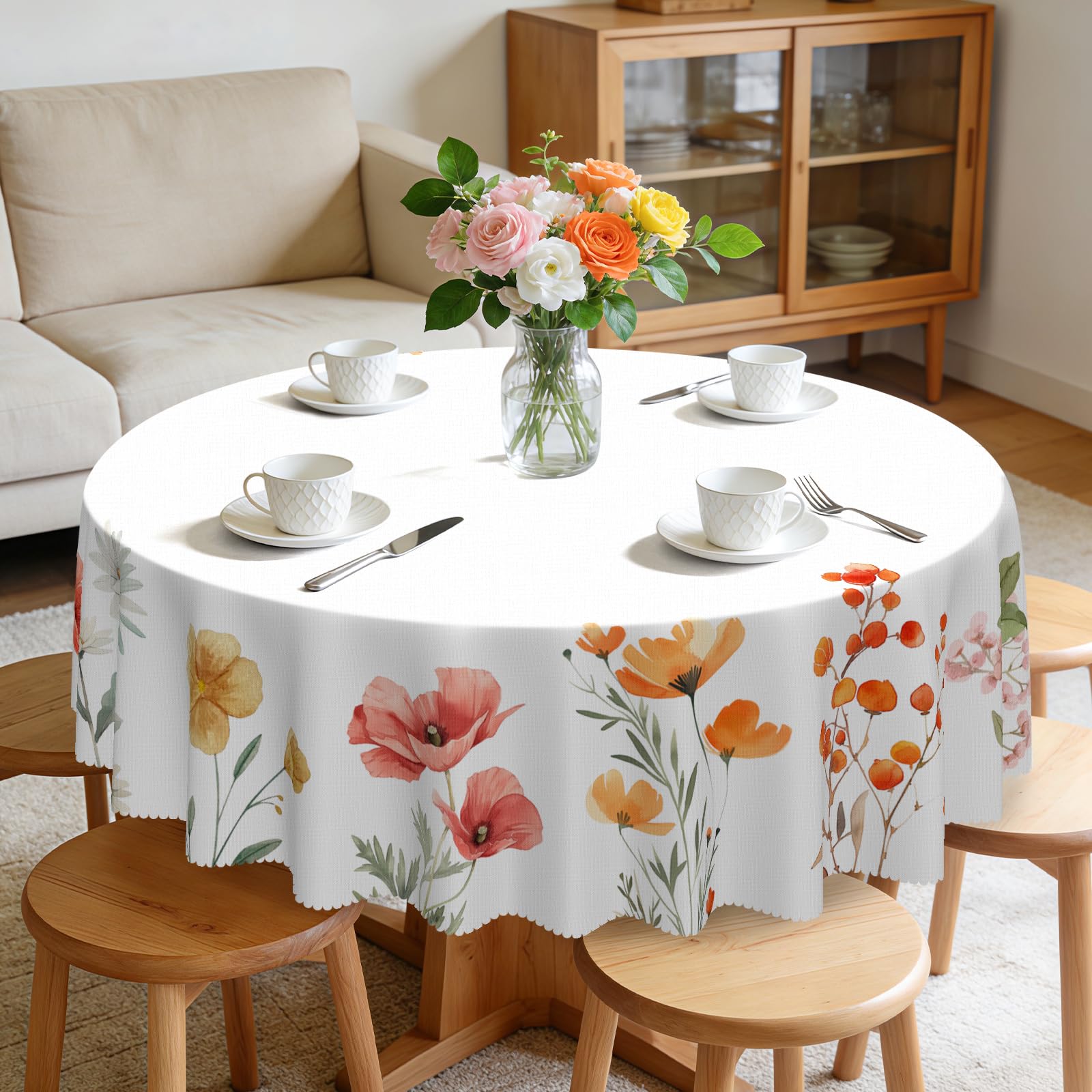 Eikione Round Tablecloth 60inch, Flowers Tablecloth Waterproof and Wrinkle-Free, Table Covers, Summer Decorations for Home Dining