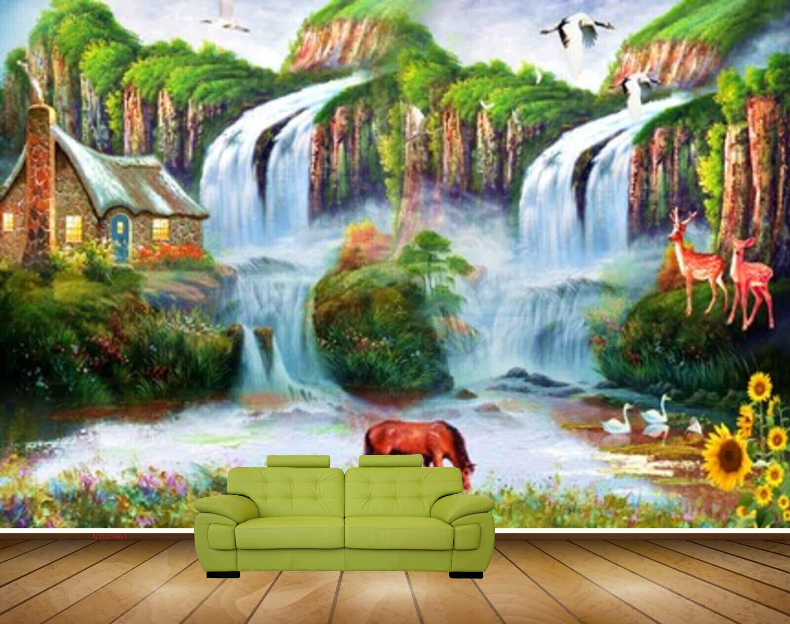 Mystic Walls MWZ2961 Mountains Horse Birds Waterfalls House Flowers Swans Grass Plants Deers Painting HD 3D Wallpaper for Bedroom, Hall[20 ft x 19 ft] / [610 cm x 579 cm]
